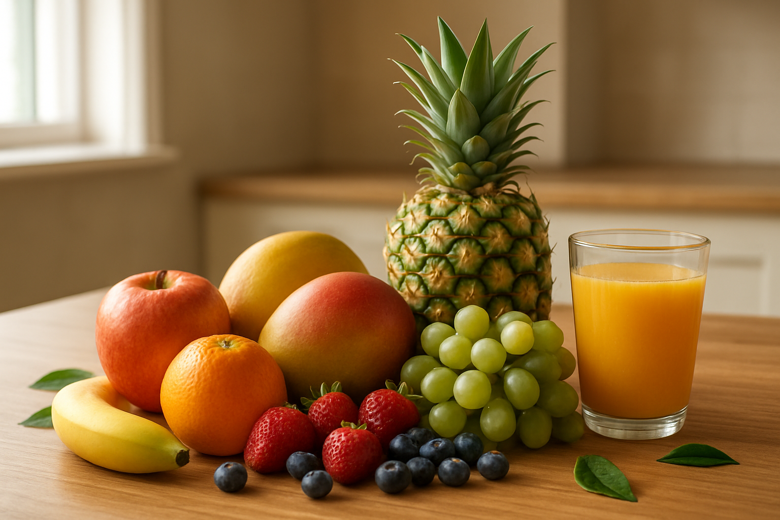 Create a realistic image of a beautifully arranged collection of diverse fresh fruits including apples, oranges, bananas, berries, grapes, and tropical fruits like pineapple and mango displayed on a clean wooden table, with soft natural lighting streaming from a nearby window creating gentle shadows, surrounded by subtle elements like a few scattered leaves and a glass of fresh fruit juice, set against a clean kitchen background with warm earth tones, conveying a sense of health, vitality, and wholesome nutrition, absolutely NO text should be in the scene.