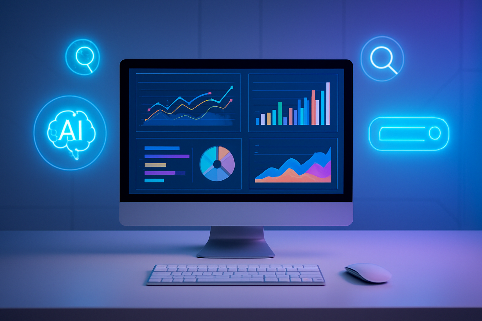 Create a realistic image of a modern digital workspace with a sleek computer monitor displaying colorful analytics dashboards and search result graphs, surrounded by floating holographic AI symbols and search icons, a clean white desk with a wireless keyboard and mouse, soft blue and purple ambient lighting creating a high-tech atmosphere, minimalist office background with subtle geometric patterns, conveying innovation and success in digital marketing, absolutely NO text should be in the scene.