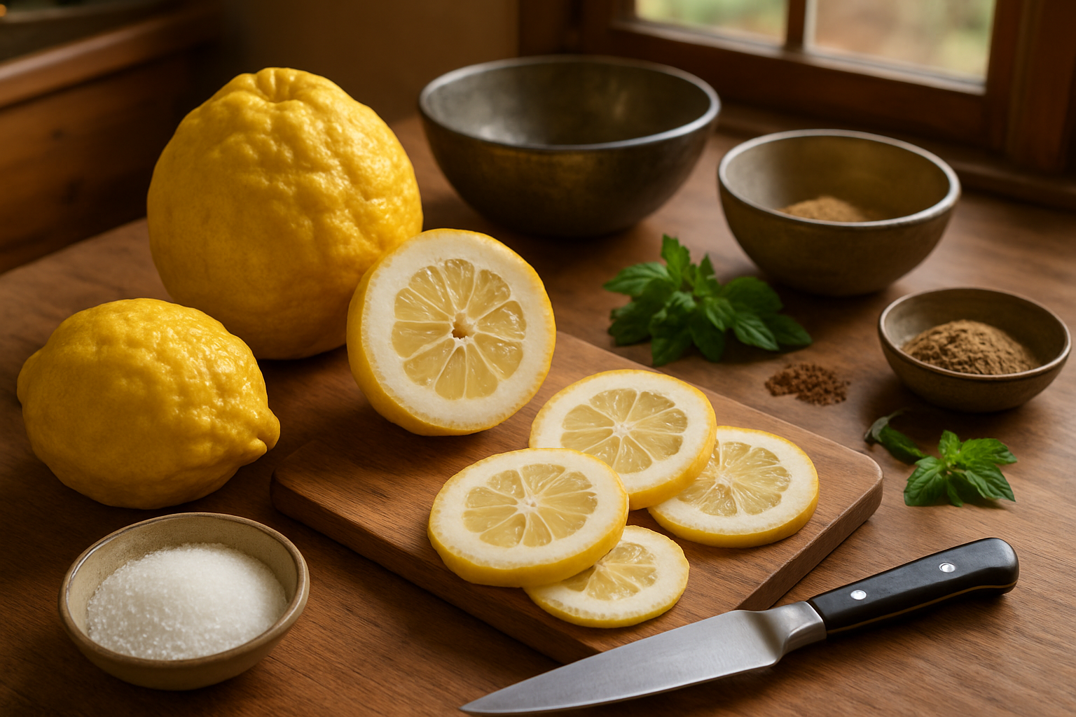 Create a realistic image of fresh citron fruits being used in cooking preparation, showing whole and sliced citron with thick white pith and small fruit segments, alongside cooking ingredients like sugar, spices, and herbs on a wooden kitchen counter, with cooking utensils including a sharp knife, cutting board, and mixing bowls, in a warm kitchen setting with natural lighting from a window, emphasizing the culinary transformation potential of this unique citrus fruit, absolutely NO text should be in the scene.