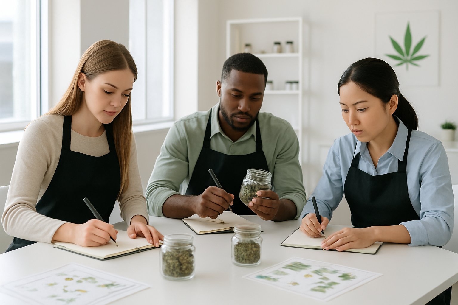Create a realistic image of a diverse group of budtender trainees including a white female, black male, and Asian female sitting around a modern training table in a bright, professional cannabis dispensary back office, with training materials, product samples in glass jars, and educational charts visible on the table, natural lighting from windows, focused learning atmosphere with trainees taking notes and examining cannabis products, clean white walls and modern furniture in background, absolutely NO text should be in the scene.