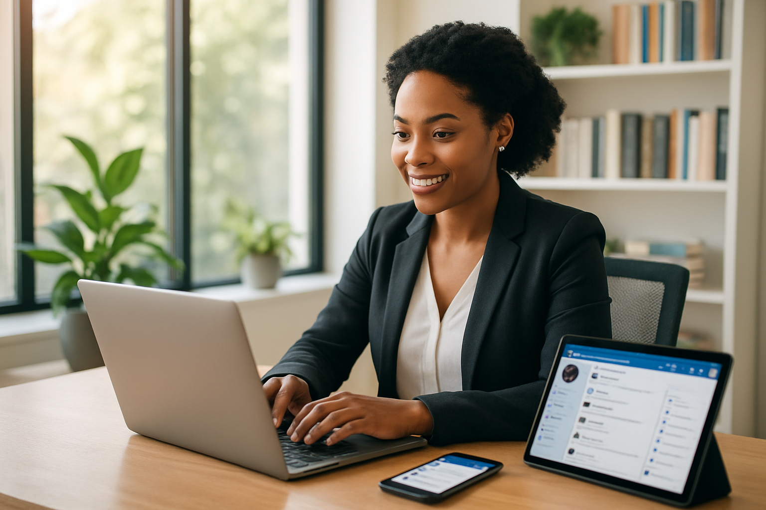 Create a realistic image of a professional black woman in her 30s sitting at a modern office desk working on a laptop, with multiple devices including a smartphone and tablet nearby showing social media networking interfaces, surrounded by a bright contemporary office environment with large windows, plants, and motivational business books on shelves, while she appears engaged and confident in her digital networking activities, with warm natural lighting creating an inspiring and productive atmosphere. Absolutely NO text should be in the scene.