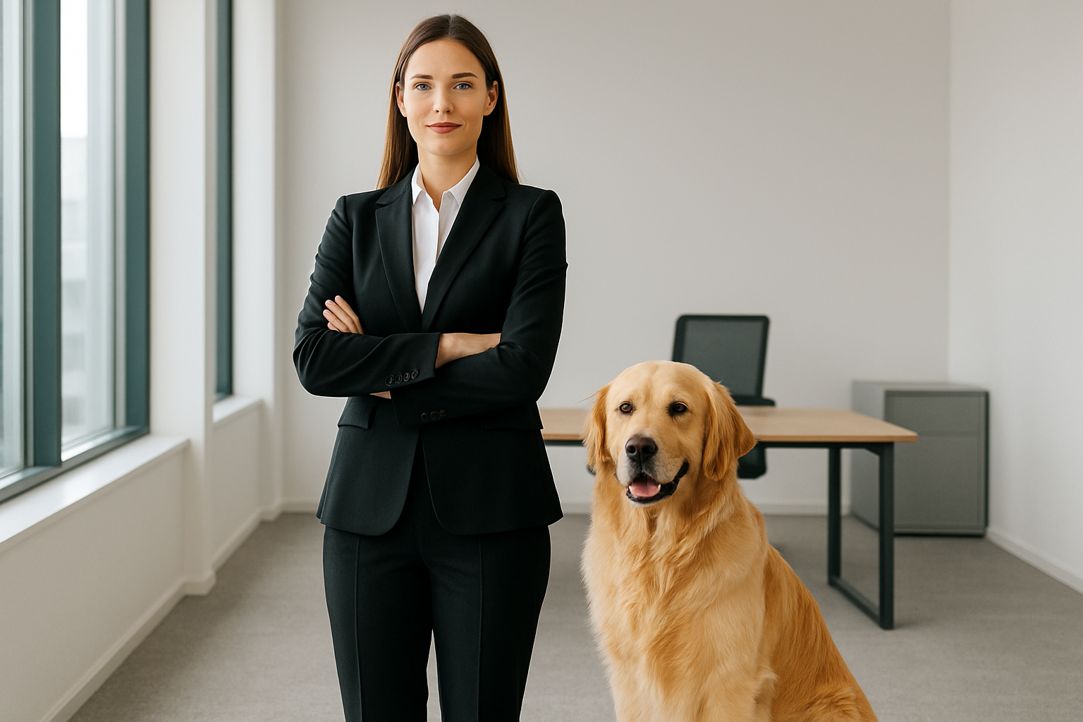 Create a realistic image of a confident white female professional in a sleek black business suit standing in a modern office environment, her clothing completely free of pet hair and looking pristine, with a golden retriever sitting peacefully beside her, soft natural lighting streaming through large windows creating a clean and polished atmosphere, showcasing the contrast between the furry pet and the immaculate professional appearance, with a minimalist desk and contemporary office furniture in the background, conveying success and confidence through body language and posture, absolutely NO text should be in the scene.