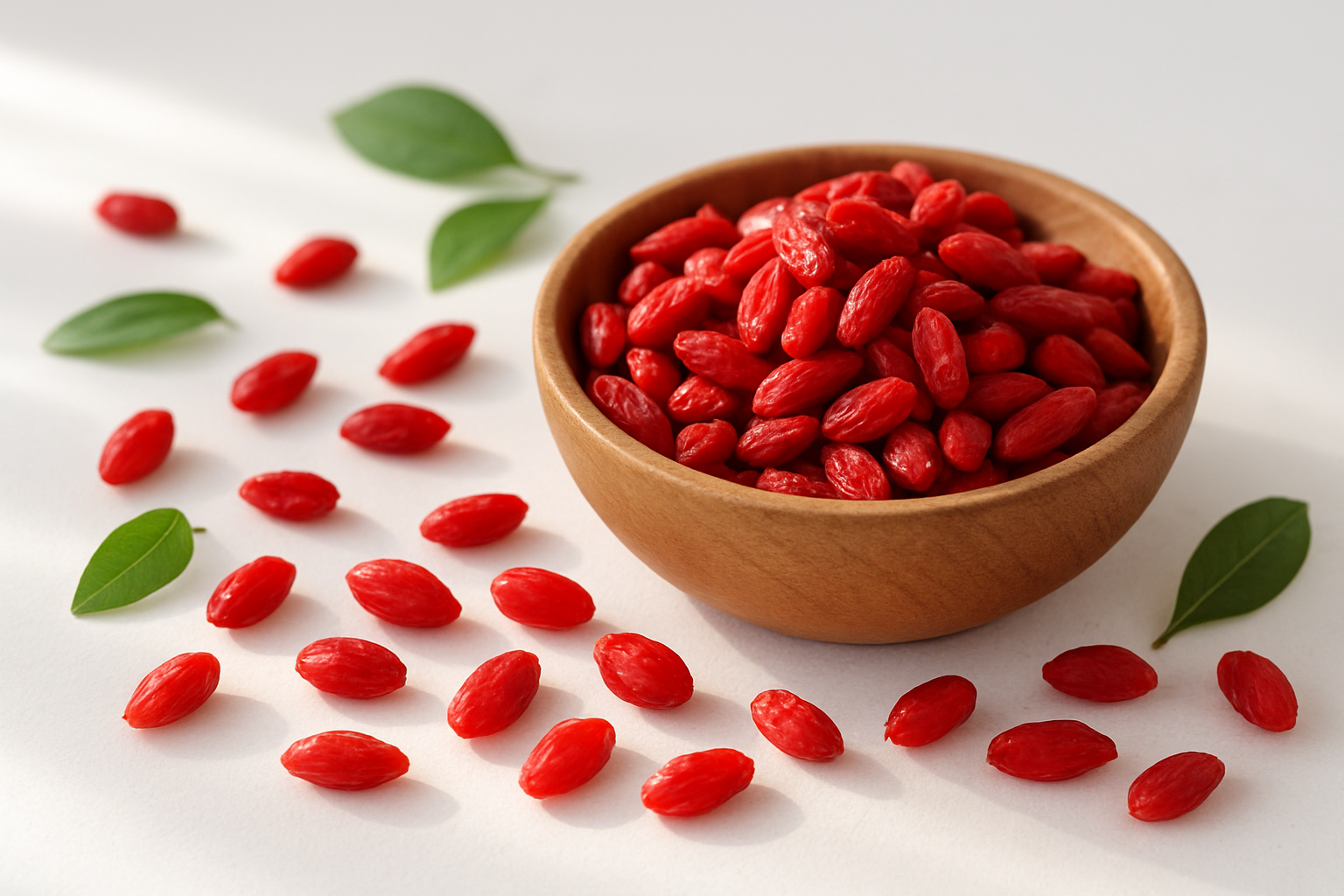 Create a realistic image of fresh red goji berries scattered on a clean white surface with some berries in a wooden bowl, surrounded by subtle elements suggesting health and vitality like green leaves, soft natural lighting streaming from the side creating gentle shadows, a few berries appearing to glow with vibrant color, and a peaceful, clean background that conveys wellness and natural nutrition, absolutely NO text should be in the scene.