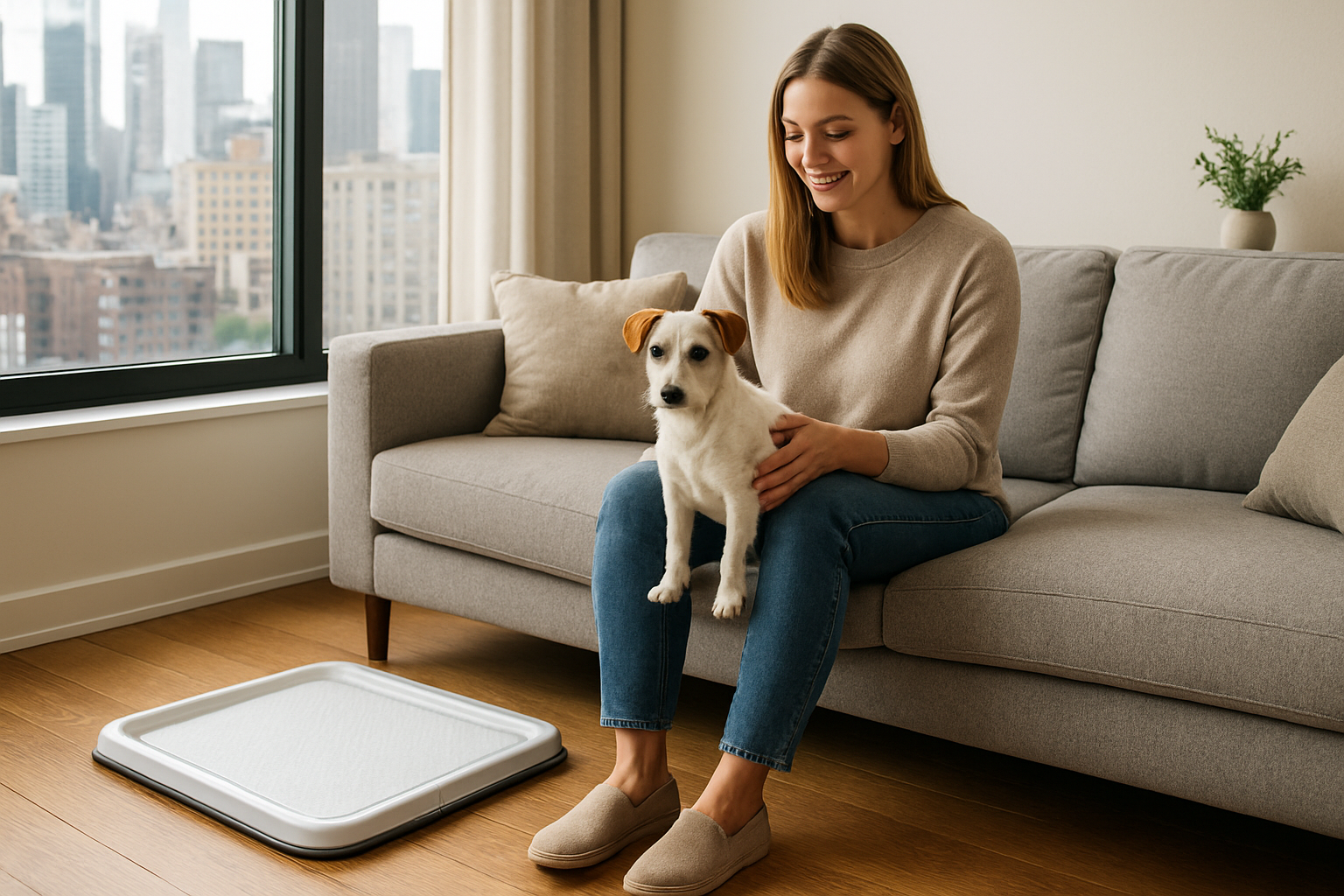 Create a realistic image of a modern apartment living room scene showing a white female dog owner in casual clothing sitting on a couch with her small dog, with an indoor dog potty pad visible on the floor nearby, urban cityscape visible through a large window in the background, clean and contemporary home interior with hardwood floors, natural daylight streaming in, conveying convenience and practicality for urban pet ownership, absolutely NO text should be in the scene.