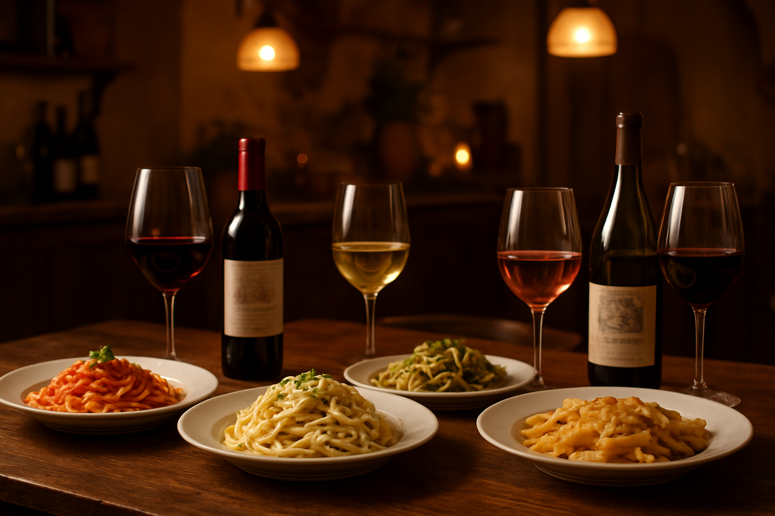Create a realistic image of an elegant dining table featuring multiple pasta dishes paired with different wine glasses, showcasing various pasta types including spaghetti with tomato sauce, creamy fettuccine, herb-tossed linguine, and cheese-covered penne, each accompanied by appropriate wine glasses containing red, white, and rosé wines, with wine bottles displaying Italian labels positioned strategically around the dishes, set against a warm rustic Italian kitchen background with soft golden lighting from overhead pendant lamps, creating an inviting and sophisticated atmosphere that represents the culmination of perfect wine and pasta pairings, absolutely NO text should be in the scene.