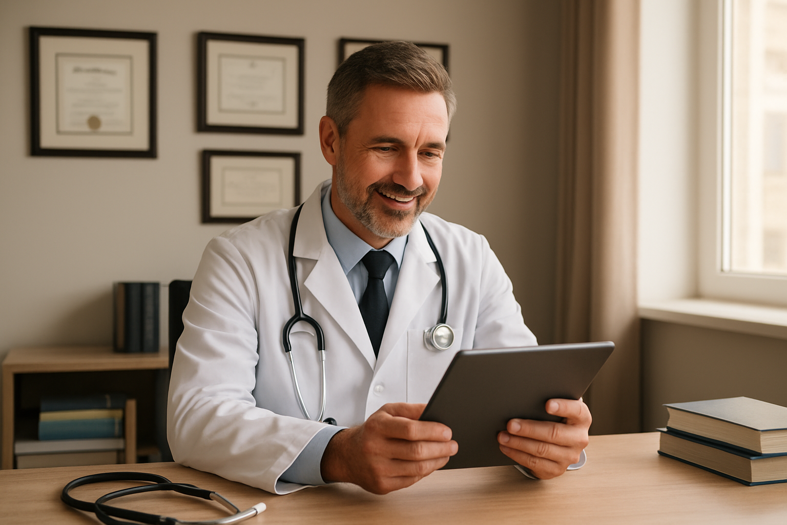 Create a realistic image of a professional medical office setting with a confident middle-aged white male doctor in a white coat sitting at a modern desk, reviewing positive patient feedback on a tablet, with diplomas and medical certifications displayed on the wall behind him, warm natural lighting streaming through a window, conveying trust and credibility, with a clean and organized environment featuring medical books and a stethoscope on the desk, absolutely NO text should be in the scene.