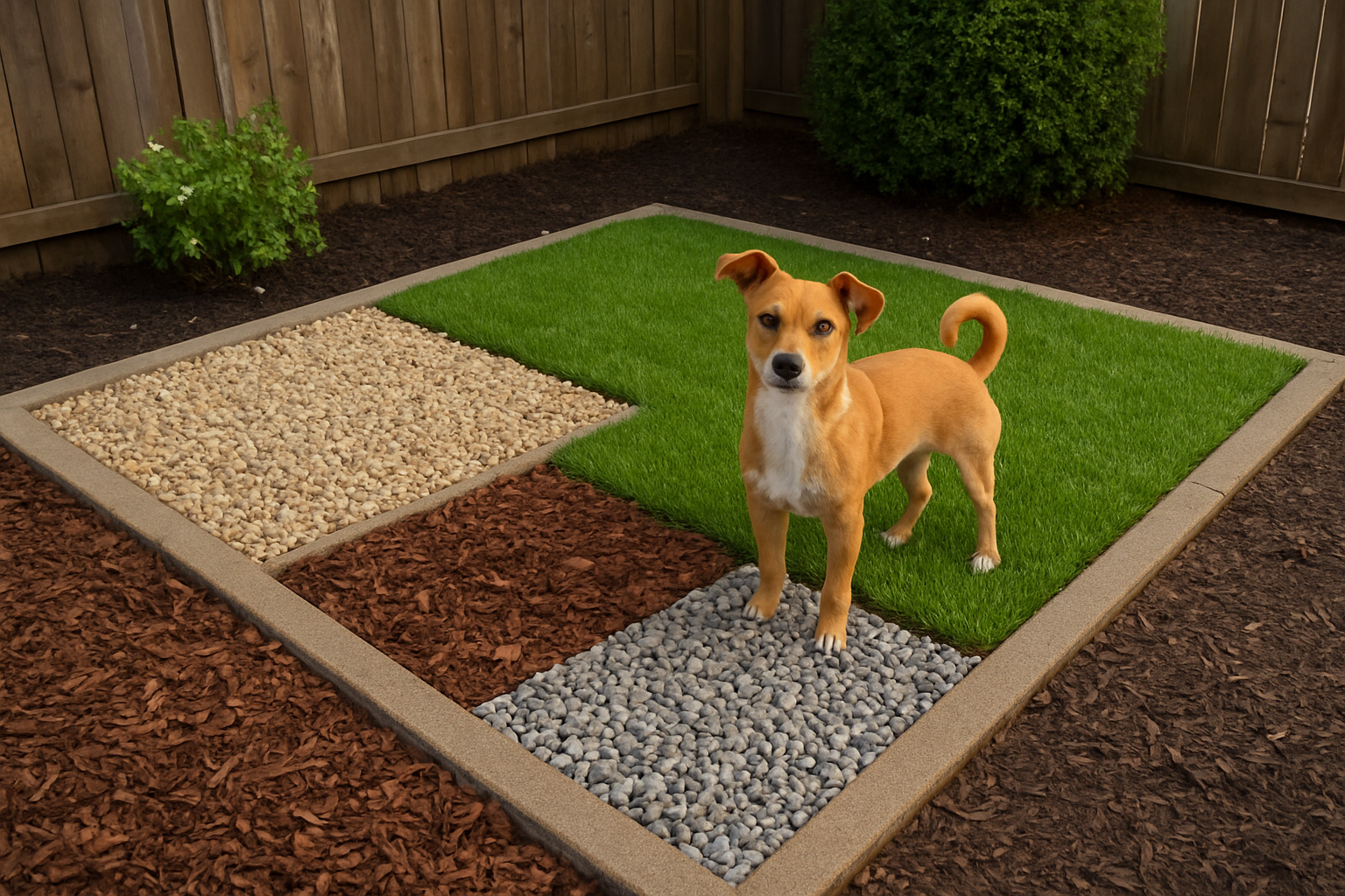 Create a realistic image of a backyard dog potty area showing different surface material options including artificial grass, gravel, mulch, and pea stones arranged in separate sections on the ground, with a small to medium-sized dog standing on one of the surfaces, surrounded by a partially visible wooden fence and some landscaping elements in the background, captured during daytime with natural lighting that clearly shows the texture and color variations of each material option, absolutely NO text should be in the scene.