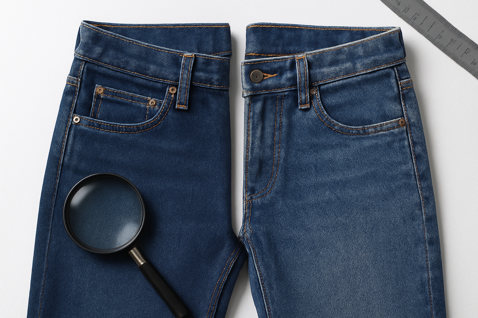 Create a realistic image of a split-screen comparison showing premium export-quality denim jeans on the left side with visible superior stitching, high-quality fabric texture, and refined finishing details, contrasted with regular domestic denim jeans on the right side showing standard quality features, both displayed on a clean white surface with professional studio lighting that highlights the fabric textures and construction differences, with subtle quality inspection tools like magnifying glass and measuring instruments placed nearby, captured in bright, even lighting that emphasizes the contrast in craftsmanship and material quality, absolutely NO text should be in the scene.