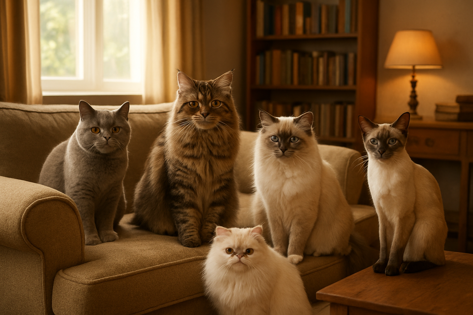 Create a realistic image of a cozy British living room scene featuring five different popular cat breeds sitting peacefully together on and around a comfortable sofa, including a British Shorthair, Maine Coon, Ragdoll, Persian, and Siamese cat, with warm natural lighting streaming through a window, wooden furniture and bookshelves in the background, creating a homey atmosphere that represents the perfect harmony between British lifestyle and beloved feline companions, shot from a slightly elevated angle to showcase all cats clearly, with soft afternoon lighting and a welcoming domestic setting, absolutely NO text should be in the scene.