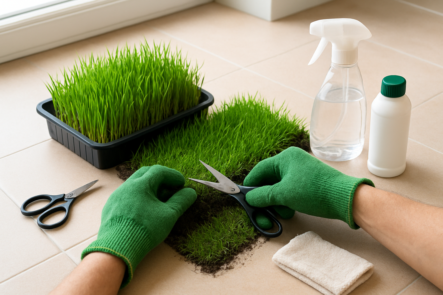Create a realistic image of a person's hands wearing gardening gloves performing maintenance on a small indoor puppy lawn area, showing both hydroponic grass sections and natural grass patches, with watering tools, small scissors for trimming, cleaning supplies, and a spray bottle nearby on a clean floor, bright natural lighting from a window, clean and organized indoor setting with tiles or hardwood flooring, focused on the care and upkeep activities, absolutely NO text should be in the scene.
