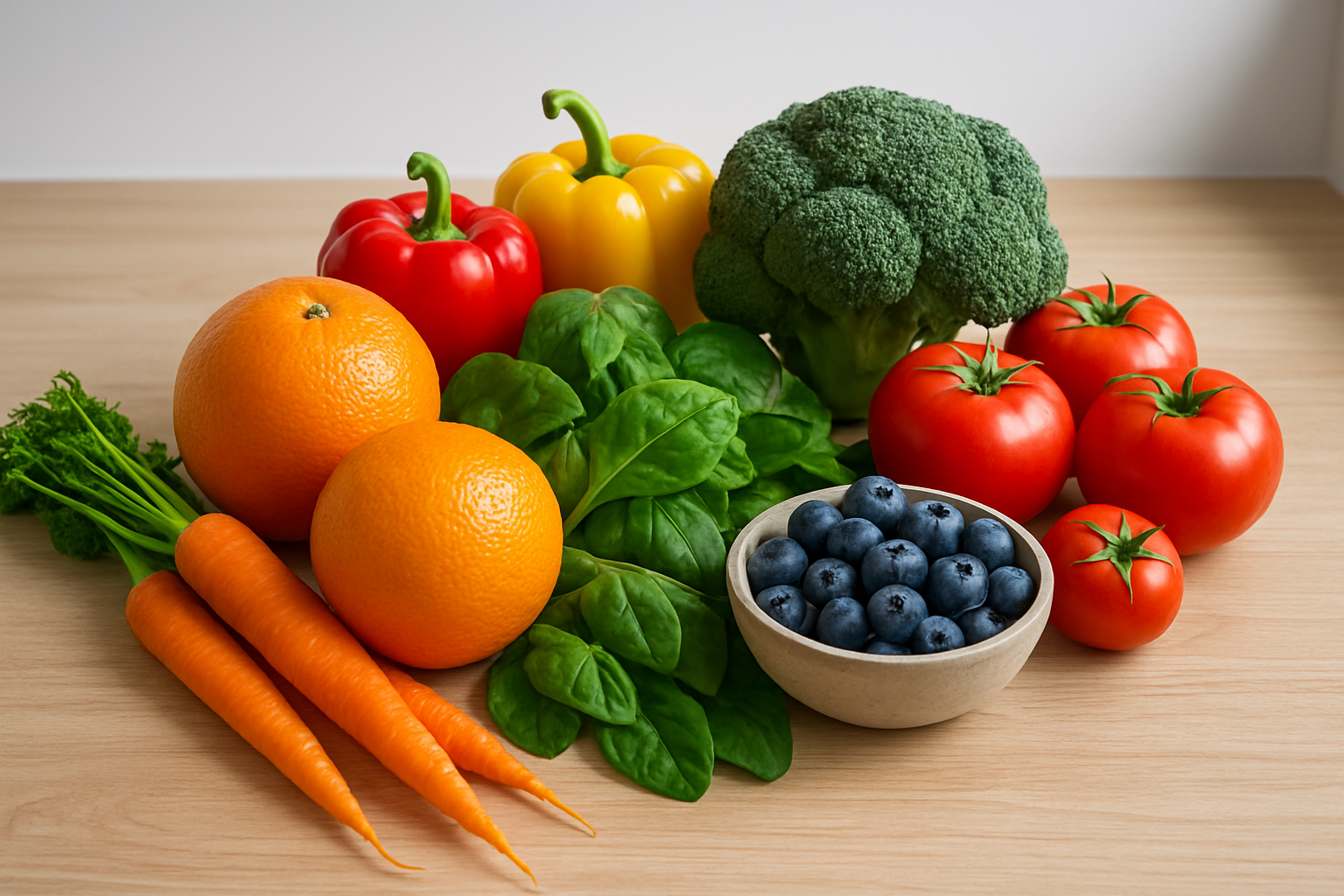 Create a realistic image of a vibrant display of fresh fruits and vegetables arranged on a clean wooden surface, showcasing colorful produce like oranges, blueberries, spinach leaves, carrots, bell peppers, broccoli, and tomatoes, with soft natural lighting from above creating gentle shadows, emphasizing the rich textures and natural colors that represent essential nutrients, shot from a slightly elevated angle in a modern kitchen setting with a clean white background, absolutely NO text should be in the scene.