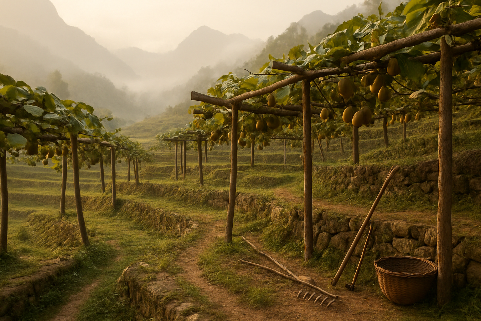 Create a realistic image of ancient Chinese agricultural terraces with kiwi vines growing on wooden trellises, showing the historical cultivation of kiwi fruit in its original homeland, with traditional farming tools scattered nearby, misty mountains in the background creating a serene historical atmosphere, soft golden morning light filtering through the scene, and some ripe kiwi fruits visible on the vines to showcase the fruit's natural origins, absolutely NO text should be in the scene.