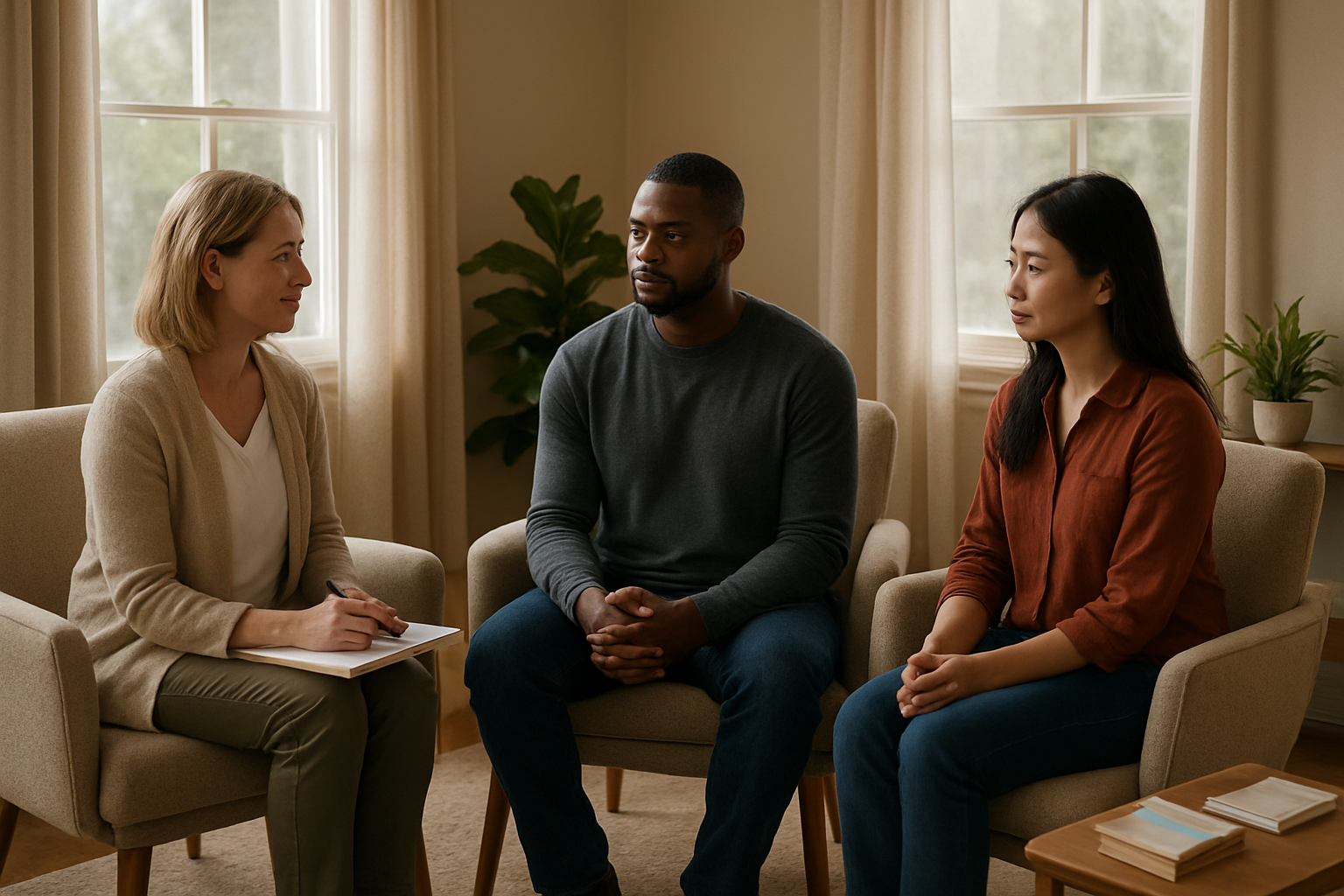 Create a realistic image of a peaceful counseling room with a diverse group including a white female therapist, a black male client, and an Asian female client sitting in a circle during a group therapy session, with soft natural lighting from large windows, comfortable chairs arranged in a supportive setting, calming earth-tone colors, wellness pamphlets and resources displayed on a nearby table, potted plants adding warmth to the space, and a serene atmosphere that conveys hope and healing, absolutely NO text should be in the scene.
