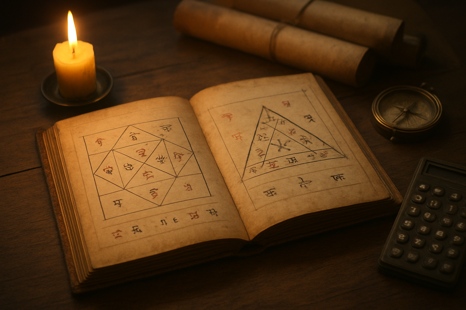 Create a realistic image of an ancient Indian astrology manuscript spread open on a wooden table, showing geometric diagrams of triangular and square house formations with Sanskrit symbols and planetary positions marked in different colored inks, surrounded by traditional brass compass, calculator, and rolled parchments, with soft warm candlelight illuminating the scene from the left side, creating gentle shadows that emphasize the mystical and scholarly atmosphere of Vedic astrology study, absolutely NO text should be in the scene.