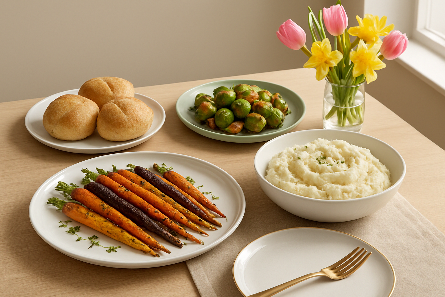 Create a realistic image of elegantly plated modern Easter side dishes arranged on a contemporary dining table, featuring colorful roasted rainbow carrots with herbs, creamy mashed cauliflower in a sleek white bowl, glazed Brussels sprouts with pancetta, and artisanal dinner rolls, all presented on modern white and pastel dinnerware with gold accents, soft natural lighting from a nearby window casting gentle shadows, fresh spring flowers like tulips and daffodils as table decorations, and a clean minimalist background with warm neutral tones. Absolutely NO text should be in the scene.