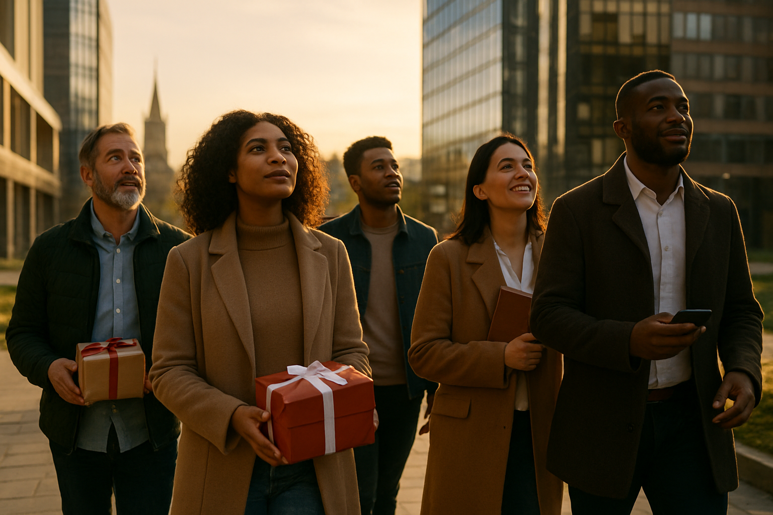 Create a realistic image of a diverse group of people including white, black, and Hispanic men and women of various ages walking together on a modern city pathway, some carrying wrapped gifts and others holding smartphones or journals, with contemporary buildings and a church spire visible in the background, warm golden hour lighting creating an inspiring and hopeful atmosphere that suggests a spiritual journey, with people engaged in conversation and looking upward with expressions of purpose and faith, Absolutely NO text should be in the scene.