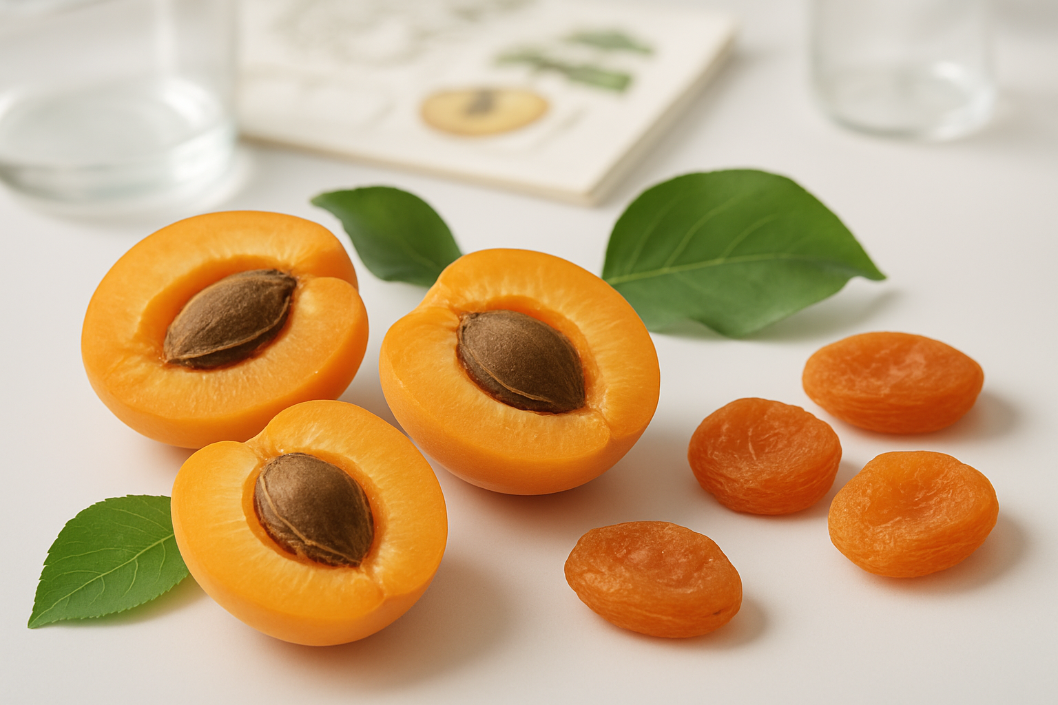 Create a realistic image of fresh apricot fruits cut in half showing the pit inside, arranged alongside dried apricot specimens and apricot tree leaves on a clean white laboratory table, with a subtle scientific atmosphere featuring soft natural lighting from above, botanical reference materials visible in the blurred background, emphasizing the detailed texture and anatomical features of the fruit for educational purposes, absolutely NO text should be in the scene.