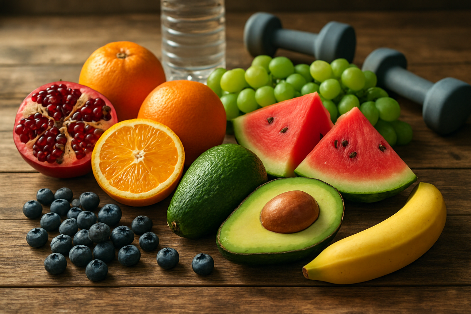 Create a realistic image of a diverse array of fresh, vibrant fruits artfully arranged on a rustic wooden table, including blueberries, pomegranates, avocados, bananas, oranges, watermelon slices, and grapes, with natural sunlight streaming from the left side creating soft shadows, surrounded by subtle elements like dumbbells and a water bottle in the background to suggest fitness and health, shot from a slightly elevated angle with warm, inviting lighting that emphasizes the natural colors and textures of the fruits, absolutely NO text should be in the scene.