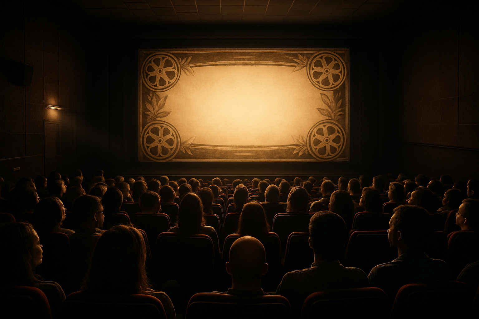 Create a realistic image of a modern movie theater auditorium filled with diverse audience members of various races and genders watching a large cinema screen, with the glow from the screen illuminating their engaged faces, showing film reels and cannabis leaves subtly integrated into the decorative border around the screen, warm ambient lighting from the projection booth casting dramatic shadows, creating an atmosphere that suggests the powerful influence of cinema on public opinion, absolutely NO text should be in the scene.