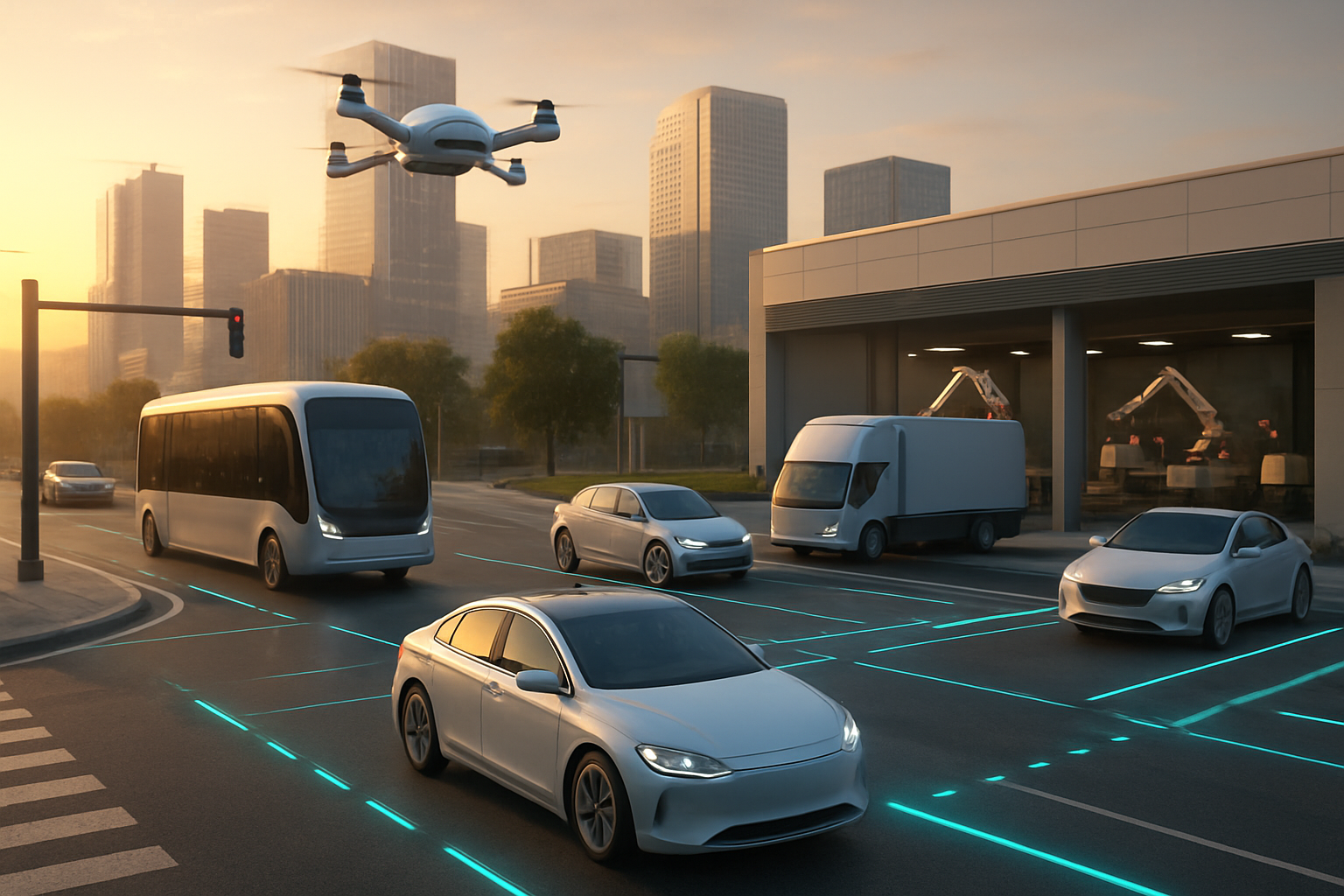 Create a realistic image of a futuristic urban intersection featuring multiple autonomous vehicles including self-driving cars, delivery drones hovering above, and an automated bus, all moving smoothly through smart traffic systems with glowing road sensors, while in the background a modern warehouse shows robotic arms loading packages onto autonomous trucks, set during golden hour lighting with a clean tech-forward cityscape, displaying seamless integration of AI-powered transportation and automated work systems, absolutely NO text should be in the scene.