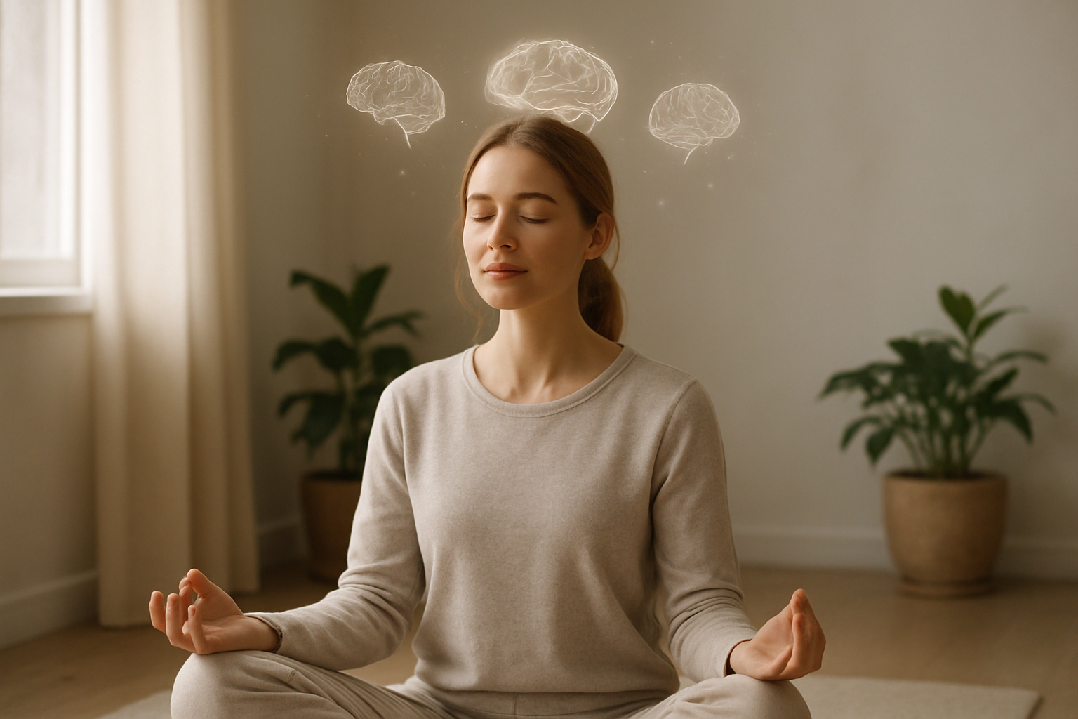 Create a realistic image of a peaceful young white female sitting in a comfortable meditation pose with her eyes gently closed and a serene expression, surrounded by soft natural lighting streaming through a window, with subtle visual elements like floating translucent brain illustrations and gentle light particles around her head representing mental clarity and stress relief, set in a minimalist indoor space with plants and soft neutral colors creating a calming atmosphere that conveys the mental health benefits of meditation practice, absolutely NO text should be in the scene.