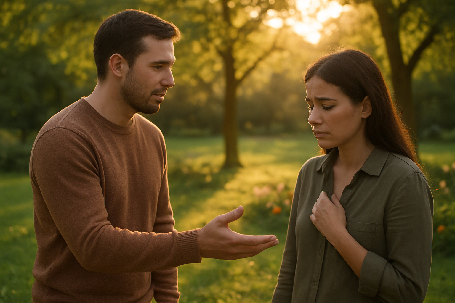 Create a realistic image of two people facing each other in a peaceful outdoor setting, one person extending their hand in a gesture of kindness while the other person appears hesitant but receptive, with soft golden hour lighting filtering through trees in the background, creating a warm and hopeful atmosphere that conveys forgiveness and reconciliation, with a serene park or garden setting featuring green grass and flowering plants, emphasizing the transformative power of love over conflict, absolutely NO text should be in the scene.