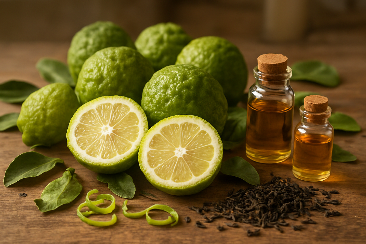 Create a realistic image of fresh bergamot oranges with their distinctive bumpy, greenish-yellow skin arranged on a rustic wooden table, with some cut in half to reveal the pale yellow flesh inside, surrounded by dried bergamot leaves, small glass bottles of bergamot essential oil, loose Earl Grey tea leaves scattered around, and bergamot zest curls, all photographed in warm, natural lighting that highlights the citrus textures and creates a welcoming, organic atmosphere, with a soft-focus kitchen or natural background, absolutely NO text should be in the scene.