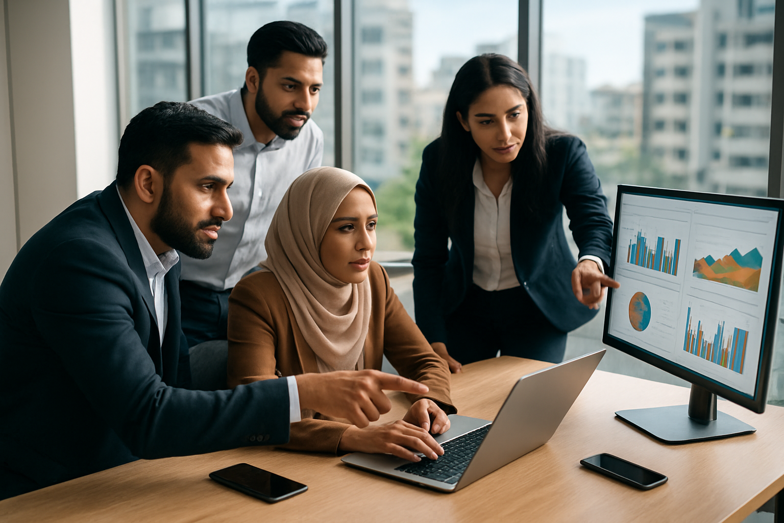 Create a realistic image of Pakistani business professionals working on digital marketing strategies, showing a diverse group including South Asian male and female marketers analyzing traffic analytics on multiple computer screens displaying colorful charts and graphs, with mobile devices and laptops scattered on a modern office desk, set in a contemporary office environment with large windows showing urban Pakistani cityscape, bright natural lighting creating an energetic and productive atmosphere, with people pointing at screen data and discussing strategies, absolutely NO text should be in the scene.