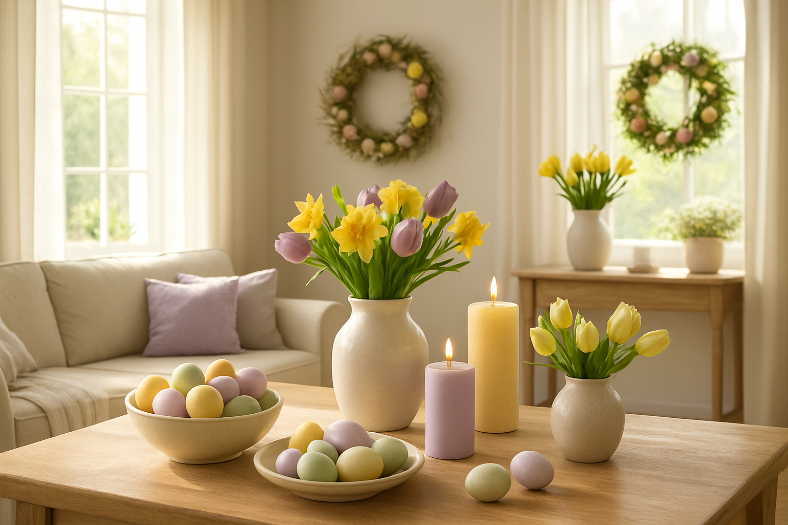 Create a realistic image of an elegant Easter home interior showing a living room or dining area beautifully decorated with meaningful Easter colors including soft pastels of lavender purple, sage green, pale yellow, and cream white, featuring Easter decorations such as painted eggs in bowls, spring flower arrangements with tulips and daffodils, pastel-colored candles, and seasonal wreaths, with natural sunlight streaming through windows creating a warm and inviting atmosphere that showcases how traditional Easter colors can transform a space into a festive and meaningful holiday setting, absolutely NO text should be in the scene.