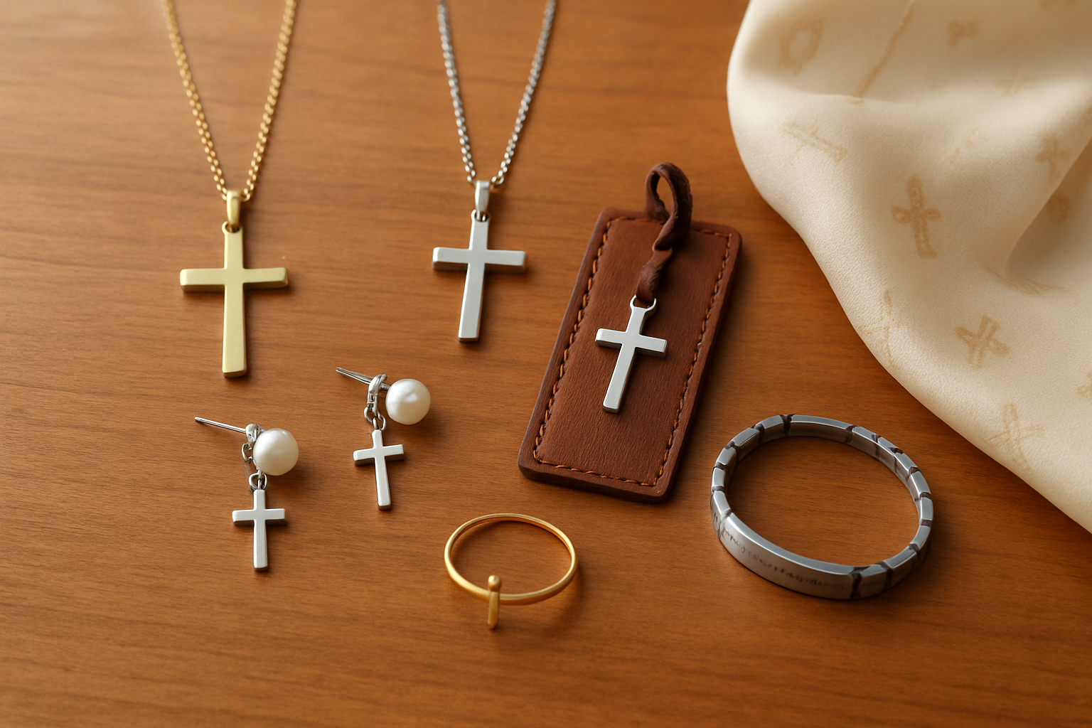 Create a realistic image of elegant Christian jewelry and accessories arranged on a warm wooden surface, including gold and silver cross necklaces, a leather-bound Bible bookmark with cross pendant, pearl earrings with small cross accents, a men's stainless steel bracelet with engraved scripture reference, a delicate faith-inspired ring, and a silk scarf with subtle religious motifs, all displayed in soft natural lighting with a neutral background that emphasizes the meaningful craftsmanship of each piece, absolutely NO text should be in the scene.