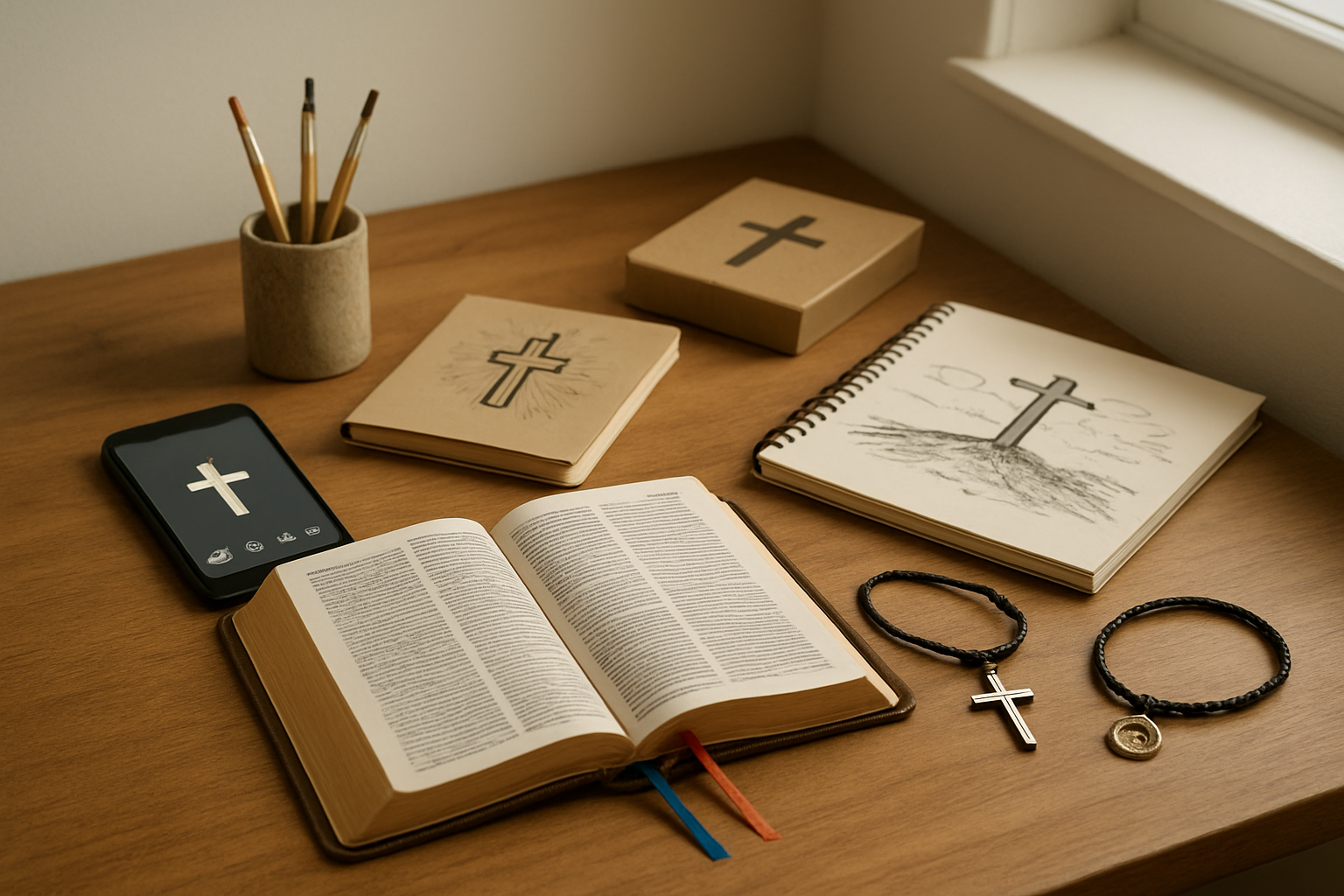 Create a realistic image of a beautifully arranged collection of Christian gifts for teenagers on a wooden table, including an open Bible with colorful bookmarks, a cross necklace and bracelet with inspiring pendants, art supplies like paintbrushes and sketchbooks with faith-themed drawings, a smartphone displaying a Christian app interface, and donation boxes or mission trip brochures, all arranged in warm natural lighting from a nearby window creating a peaceful and inspiring atmosphere, with soft shadows and a clean minimalist background, absolutely NO text should be in the scene.