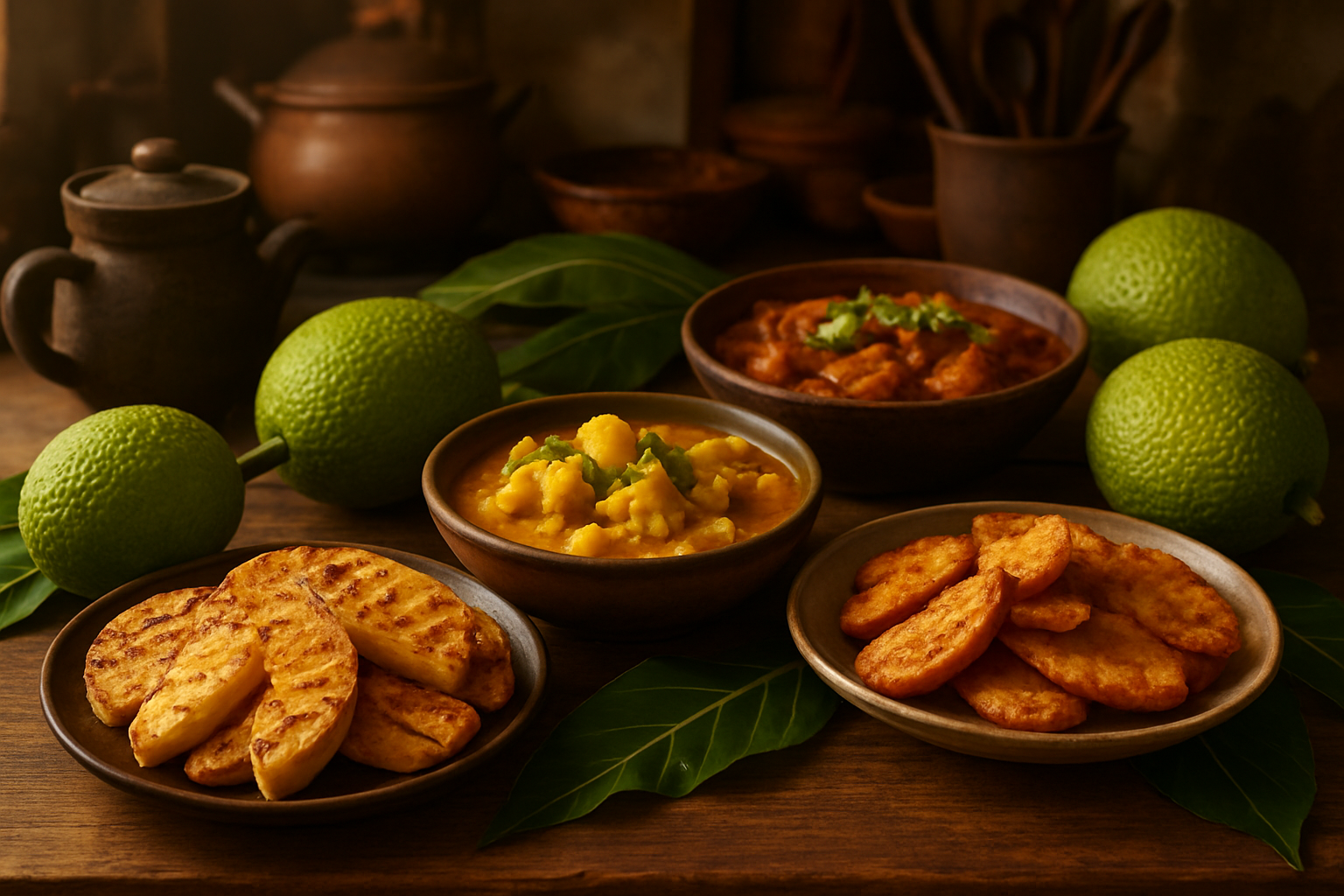 Create a realistic image of a vibrant international food scene showcasing breadfruit prepared in various authentic ways from different cultures, featuring a wooden table with multiple dishes including Caribbean roasted breadfruit slices, Pacific island breadfruit curry, African breadfruit stew, and Asian-style fried breadfruit, with whole fresh breadfruits scattered around the table, tropical leaves as natural decoration, warm golden lighting creating an inviting atmosphere, and a diverse cultural kitchen setting in the background with traditional cooking utensils from various regions, absolutely NO text should be in the scene.