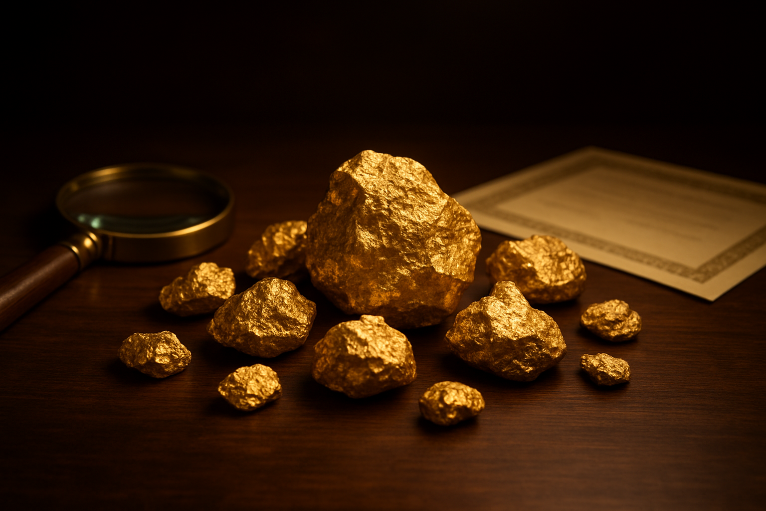 Create a realistic image of multiple authentic gold nuggets of varying sizes arranged elegantly on a dark wooden surface, with warm golden lighting highlighting their natural metallic luster and rough textured surfaces, alongside a magnifying glass and certificate of authenticity document, set against a sophisticated dark background that conveys luxury and investment value, with soft dramatic lighting that emphasizes the precious metal's gleaming qualities and creates an atmosphere of trust and quality assurance. Absolutely NO text should be in the scene.