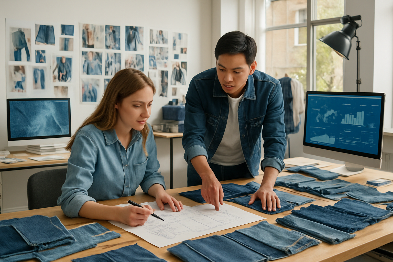 Create a realistic image of a modern textile design studio with diverse denim fabric samples in various washes and styles spread across work tables, Asian male and white female designers collaborating over sketches and color swatches, computer screens displaying global market trend analysis, innovative denim textures and finishes being examined under professional lighting, international fashion magazines and mood boards pinned to walls, measuring tools and fabric testing equipment visible, bright natural lighting from large windows creating a creative and professional atmosphere, absolutely NO text should be in the scene.