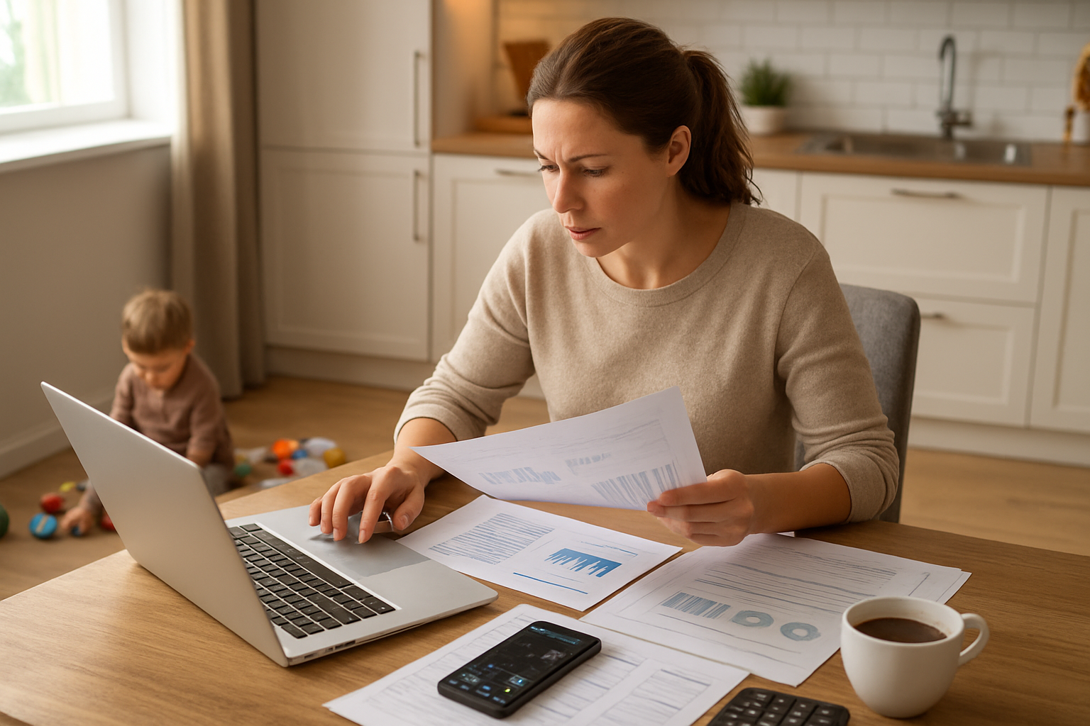 Create a realistic image of a busy white female mother in her 30s sitting at a modern kitchen table with a laptop open, reviewing investment documents and financial charts while her young child plays quietly nearby with toys, with smartphone showing investment apps, coffee cup, calculator, and organized financial papers spread on the table, warm natural lighting from a window creating a comfortable home environment that balances family life with financial planning activities, absolutely NO text should be in the scene.