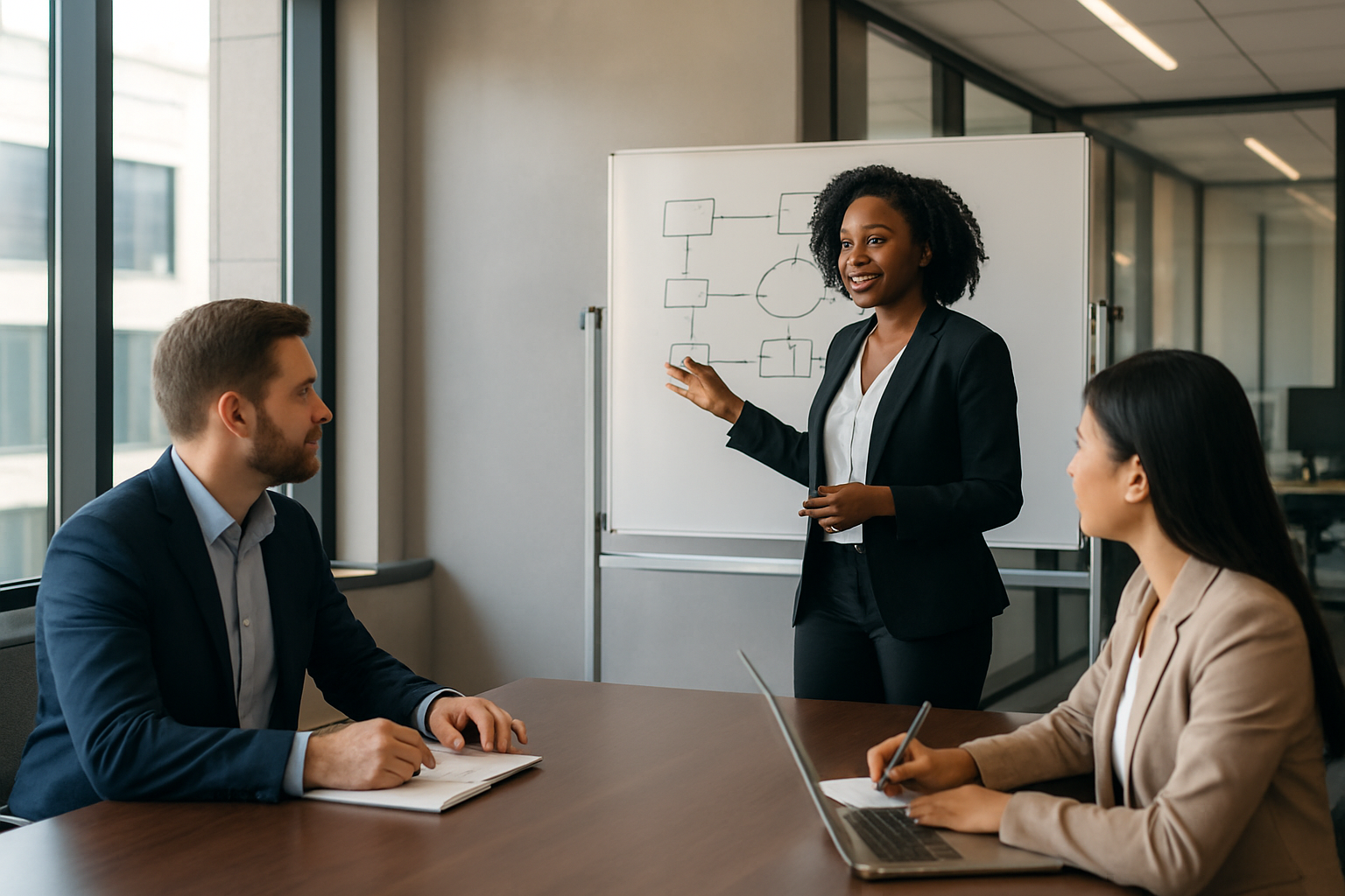 Create a realistic image of a diverse group of professionals in a modern conference room engaged in a dynamic presentation scene, featuring a confident black female presenter at a whiteboard with diagrams and flowcharts, while a white male and Asian female colleagues sit at a sleek table taking notes, with warm natural lighting streaming through large windows, creating an atmosphere of active learning and professional development, with modern office furniture and technology visible in the background, absolutely NO text should be in the scene.