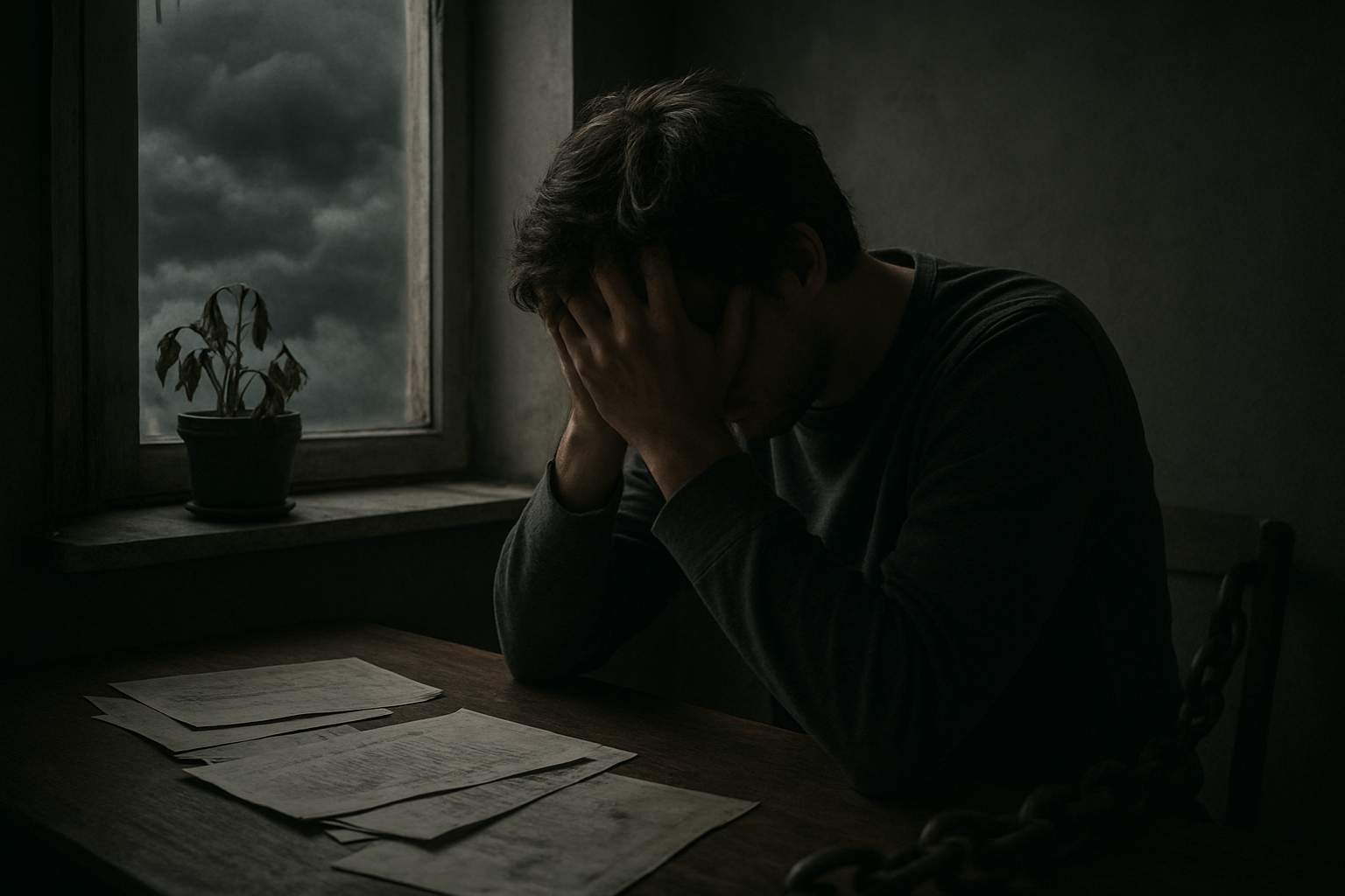 Create a realistic image of a person sitting in a dimly lit room with their head in their hands showing frustration, surrounded by symbolic elements representing negative mental barriers including dark storm clouds visible through a window, wilted plants on a windowsill, scattered papers on a desk, and heavy chains partially visible in shadows, with muted gray and brown tones dominating the scene to convey spiritual stagnation and blocked growth, absolutely NO text should be in the scene.