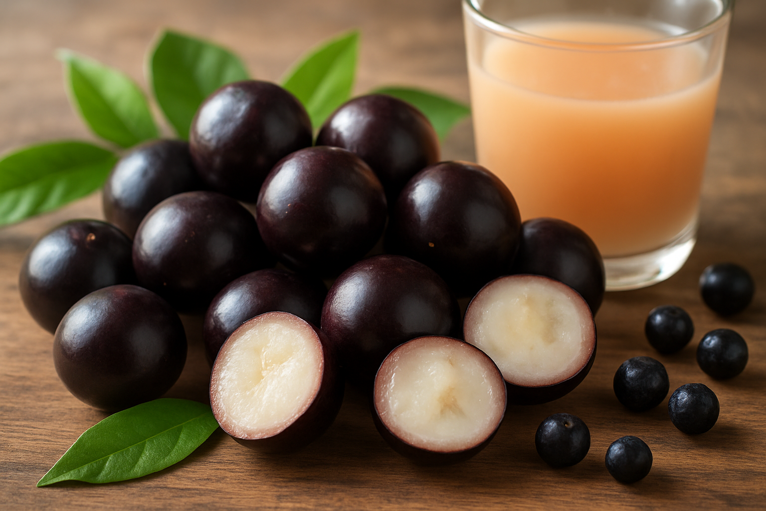 Create a realistic image of fresh jabuticaba fruits displayed on a wooden surface with some cut in half to show the white flesh inside, surrounded by green leaves, alongside subtle health-related elements like a glass of fresh juice and a few scattered antioxidant-rich berries, with soft natural lighting creating an inviting and healthy atmosphere that emphasizes the nutritional benefits of the exotic fruit, absolutely NO text should be in the scene.