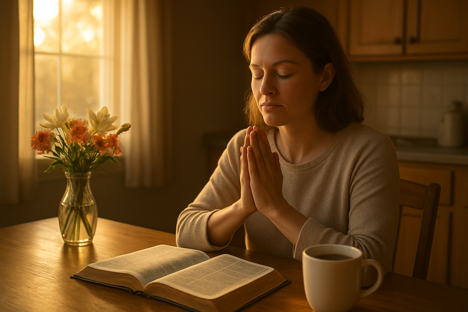 Create a realistic image of a person sitting peacefully at a kitchen table in the early morning with soft golden sunlight streaming through a window, showing a white female in her 30s with closed eyes in prayer or meditation over an open Bible, with a steaming coffee cup nearby, fresh flowers in a vase, and a serene expression of hope and contemplation on her face, capturing the transformation of an ordinary morning moment through spiritual reflection, with warm natural lighting creating a sense of peace and renewal, absolutely NO text should be in the scene.