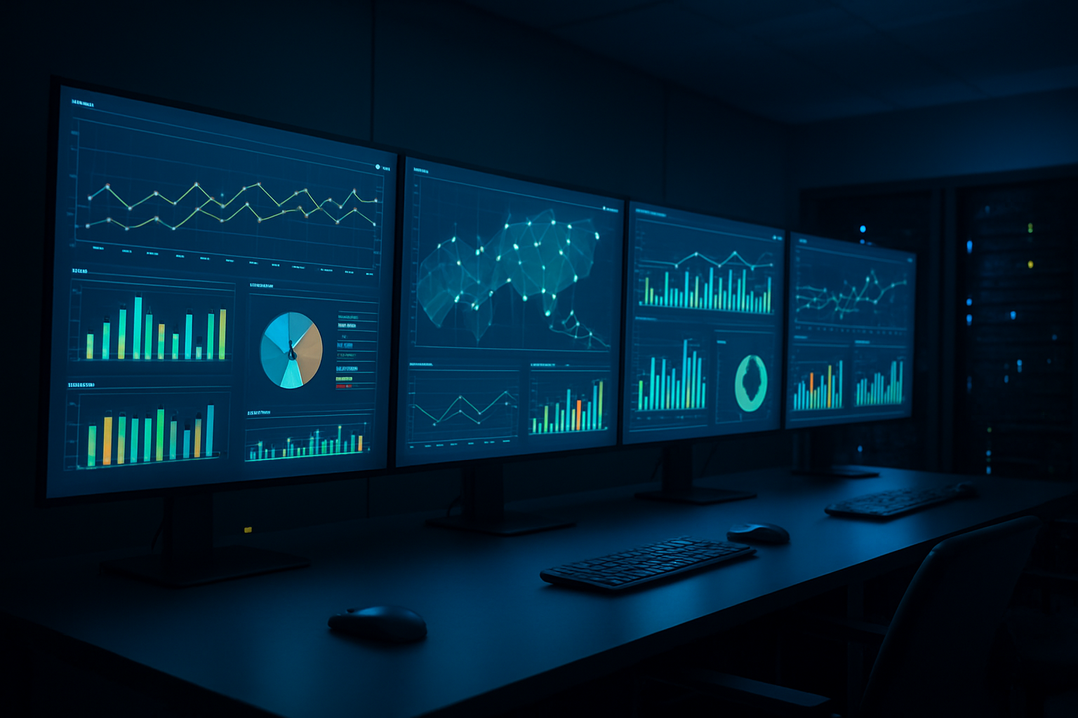 Create a realistic image of multiple large monitors displaying colorful real-time analytics dashboards with IoT data visualizations including line graphs, bar charts, pie charts, and geographical maps showing connected devices, set in a modern dark-themed control room environment with ambient blue lighting, featuring sleek computer workstations and servers in the background, creating a high-tech atmospheric mood that conveys continuous data monitoring and cloud-based analytics operations, absolutely NO text should be in the scene.