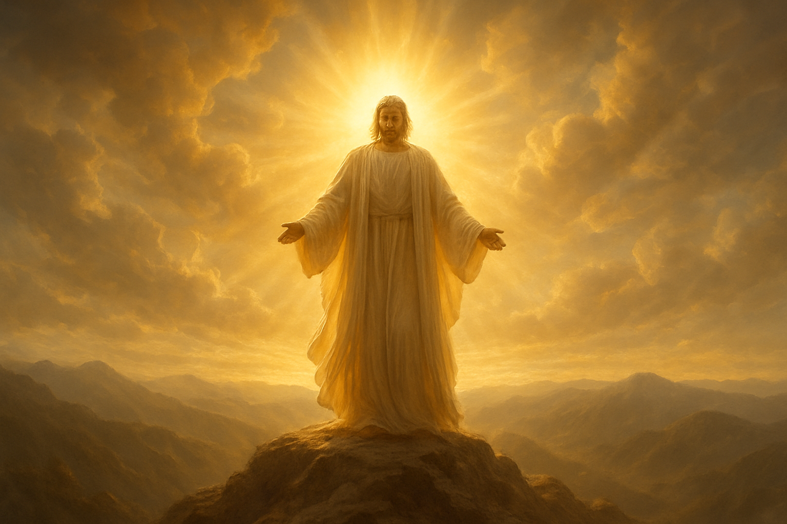 Create a realistic image of a majestic figure with flowing robes standing on a mountaintop with arms gently outstretched, surrounded by brilliant golden light radiating outward, with ethereal clouds swirling around the scene, divine rays of light breaking through dramatic sky formations, peaceful mountainous landscape in the background, warm golden and white color palette creating a heavenly atmosphere, soft glowing aura emanating from the central figure, serene and awe-inspiring mood with celestial lighting effects, absolutely NO text should be in the scene.