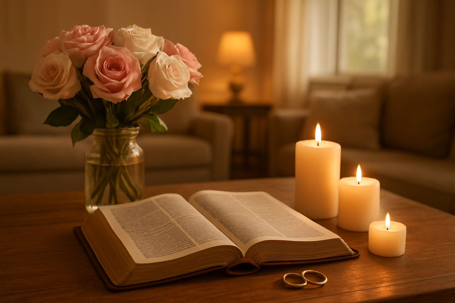 Create a realistic image of a warm, softly lit home interior scene featuring a wooden table with an open Bible at its center, surrounded by subtle romantic elements including fresh pink and white roses in a simple vase, two elegant wedding rings placed gently beside the Bible, soft candlelight from white pillar candles creating a peaceful ambiance, with a cozy living room background showing comfortable furniture and natural window light filtering through sheer curtains, conveying a sense of blessed love, spiritual foundation, and Christian celebration, shot with warm golden hour lighting that emphasizes the sacred and loving atmosphere, absolutely NO text should be in the scene.