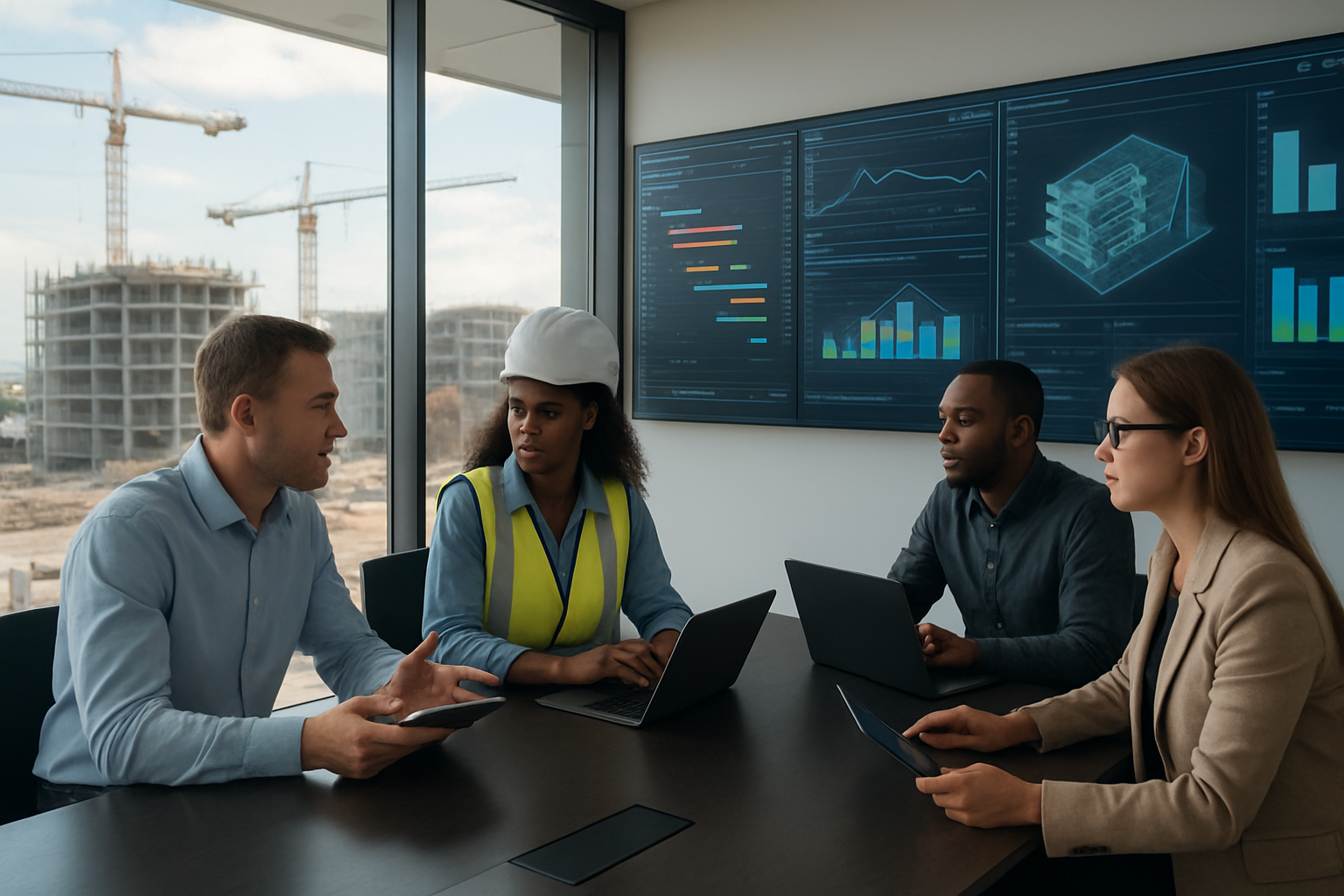 Create a realistic image of a modern construction site office with multiple large digital monitors displaying AI-powered project management dashboards showing construction timelines, resource allocation charts, and 3D building models, with a diverse team of professionals including a white male project manager and a black female engineer collaborating around a sleek conference table with tablets and laptops, set against floor-to-ceiling windows overlooking an active construction site with cranes and partially completed buildings, featuring bright natural lighting and a professional, high-tech atmosphere that conveys innovation and efficiency, absolutely NO text should be in the scene.