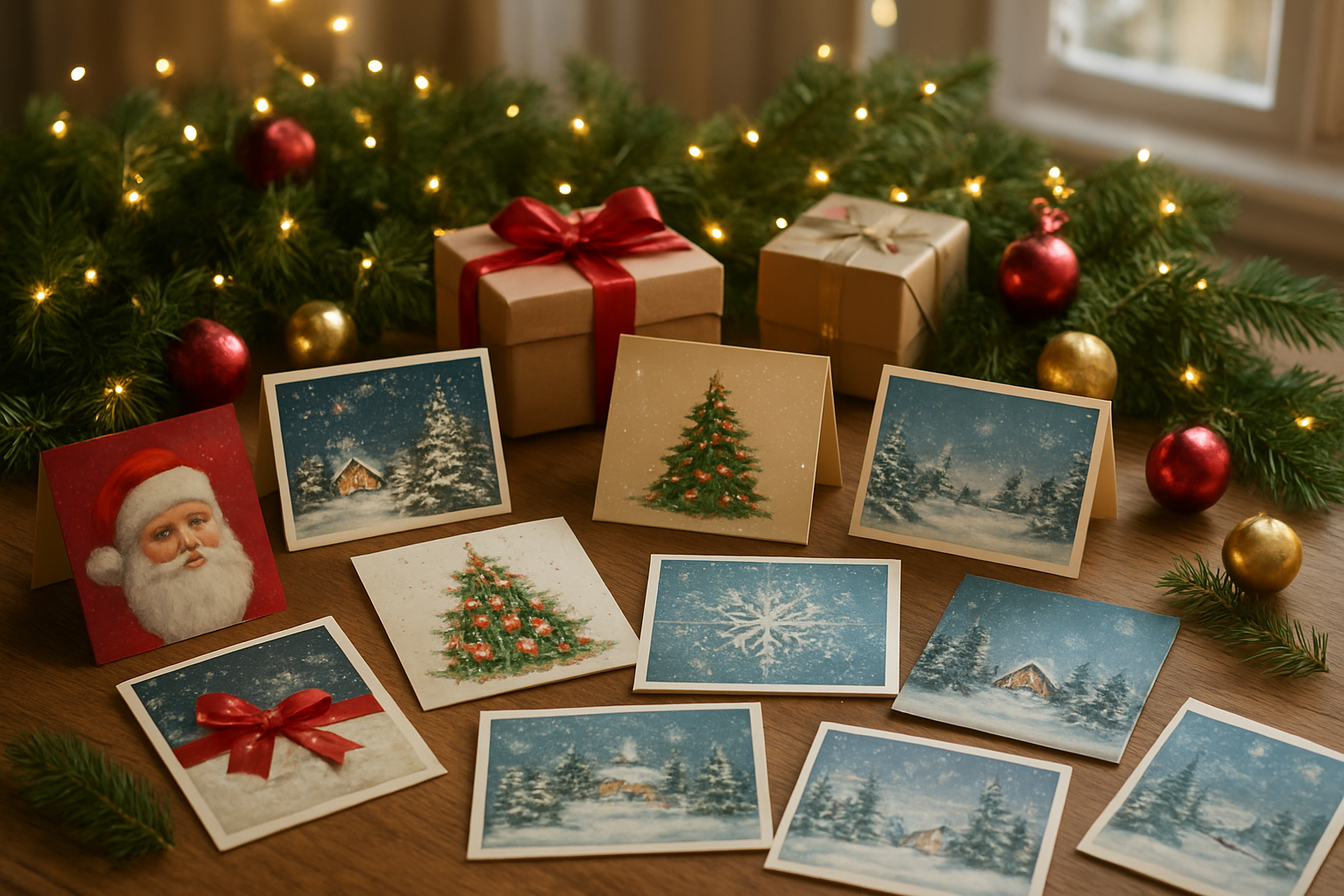Create a realistic image of a beautifully arranged display of diverse Christmas greeting cards spread across a wooden table surface, featuring various holiday designs including Santa Claus, Christmas trees, snowflakes, and winter scenes, accompanied by festive decorative elements like pine branches, red and gold ornaments, wrapped gift boxes with ribbons, and twinkling fairy lights creating a warm golden glow, all set against a cozy indoor background with soft natural lighting streaming through a window, conveying a welcoming and comprehensive holiday shopping atmosphere, absolutely NO text should be in the scene.