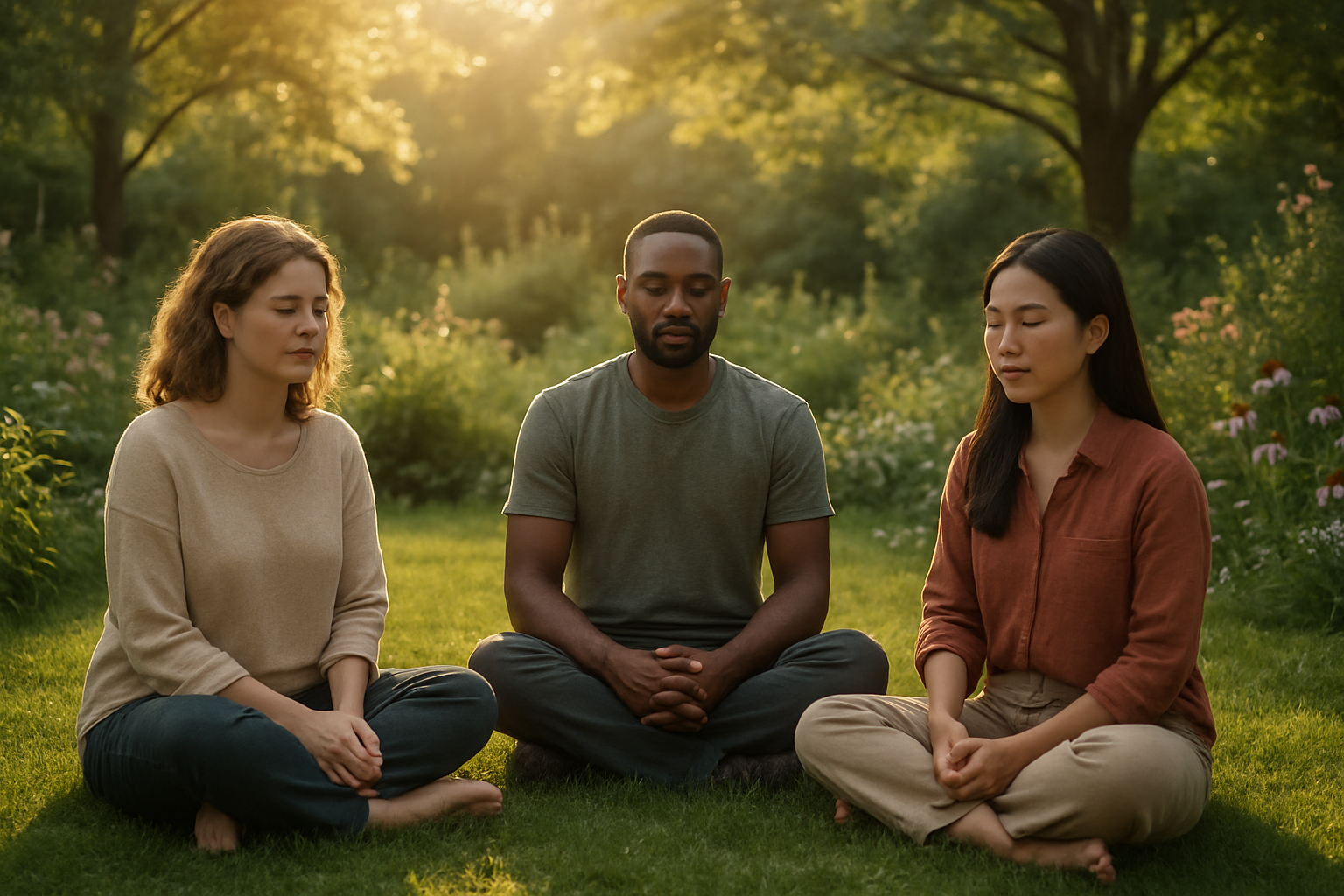 Create a realistic image of a serene outdoor scene showing a diverse group of people - including a white female, black male, and Asian female - sitting in a peaceful circle on grass in a natural healing garden setting, with soft golden hour lighting filtering through trees, surrounded by lush greenery and flowering plants, conveying hope and renewal, with gentle expressions of calm and contemplation on their faces, representing recovery and emotional healing in a therapeutic environment, absolutely NO text should be in the scene.