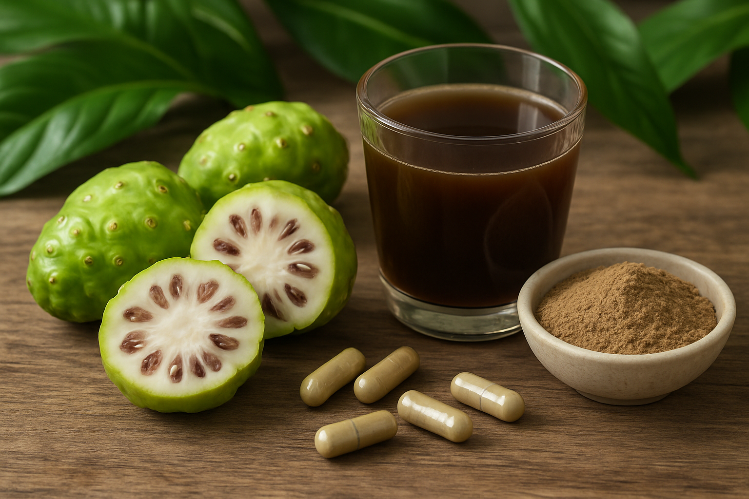 Create a realistic image of fresh noni fruits arranged on a natural wooden surface with some cut open to show the white flesh and seeds inside, alongside a glass of noni juice, dried noni powder in a small bowl, and noni supplement capsules scattered nearby, with soft natural lighting creating gentle shadows, surrounded by tropical green leaves as decorative elements in the background, conveying a sense of natural wellness and health, absolutely NO text should be in the scene.