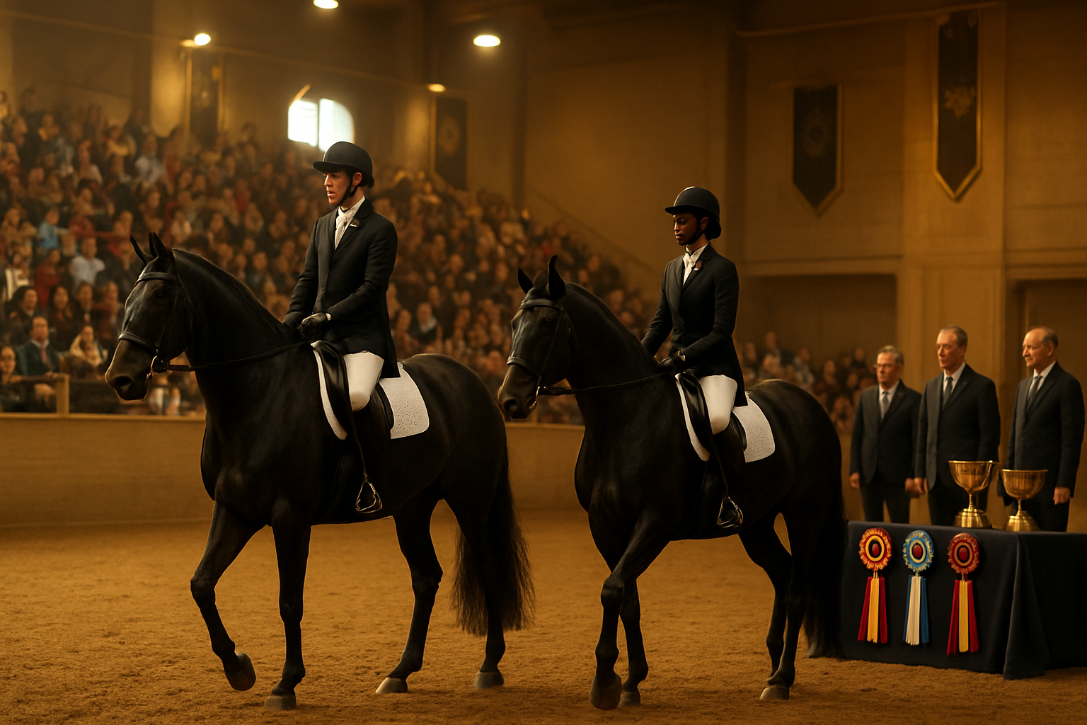 Create a realistic image of a prestigious horse show arena with BK horses being showcased, featuring white male and black female equestrians in formal riding attire mounted on well-groomed BK horses, surrounded by an audience of diverse spectators in the grandstands, with award ribbons and trophies visible on a nearby display table, professional judges observing from ringside, elegant stable banners hanging in the background, warm golden lighting illuminating the indoor arena, capturing the atmosphere of recognition and celebration in the equestrian community, absolutely NO text should be in the scene.