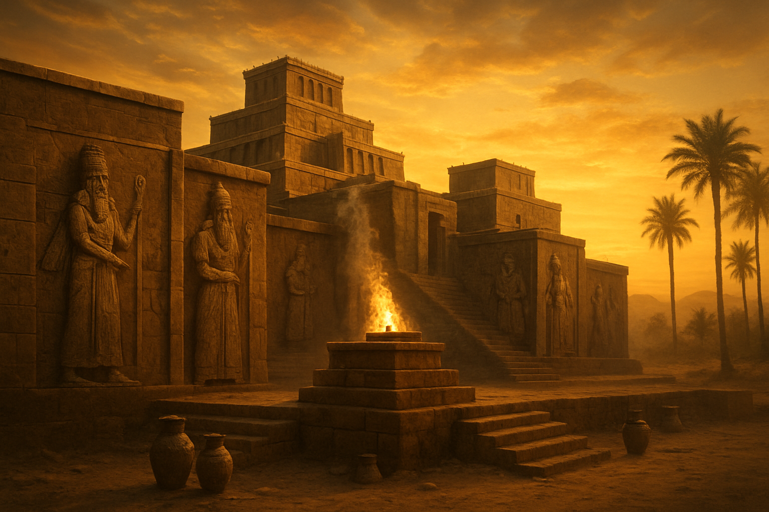 Create a realistic image of an ancient Near Eastern temple complex with multiple ziggurat-style structures under a golden sunset sky, featuring carved stone reliefs of various ancient deities on temple walls, with burning incense altars in the foreground, palm trees and desert landscape in the background, warm golden lighting casting long shadows across weathered sandstone architecture, and ceremonial vessels scattered near the altar steps. Absolutely NO text should be in the scene.