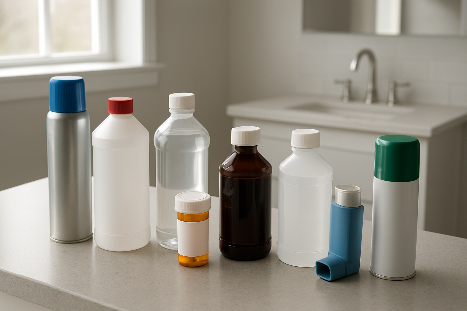 Create a realistic image of common household products with abuse potential arranged on a kitchen counter and bathroom vanity, including cleaning supplies like aerosol cans, paint thinner bottles, prescription pill bottles, cough medicine, rubbing alcohol, and inhalants, shot from a slightly elevated angle with soft natural lighting from a nearby window, creating a concerning but educational mood that highlights everyday items that can be misused, with a clean modern home interior background. Absolutely NO text should be in the scene.