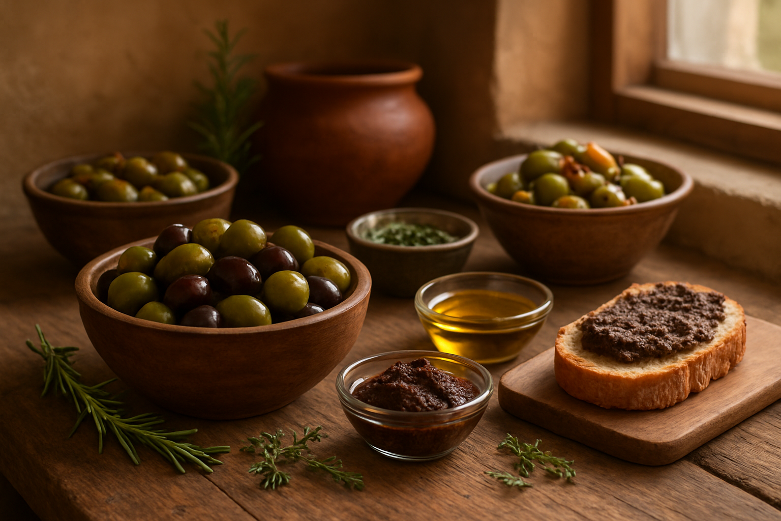 Create a realistic image of a rustic wooden kitchen counter displaying various olive preparations and dishes, featuring a wooden bowl filled with mixed green and black olives, small glass dishes containing olive tapenade and olive oil, fresh Mediterranean herbs like rosemary and thyme scattered around, a wooden cutting board with sliced bread topped with olive spread, ceramic bowls with marinated olives in different preparations, warm natural lighting streaming from a window, Mediterranean kitchen atmosphere with terracotta and wooden textures, absolutely NO text should be in the scene.